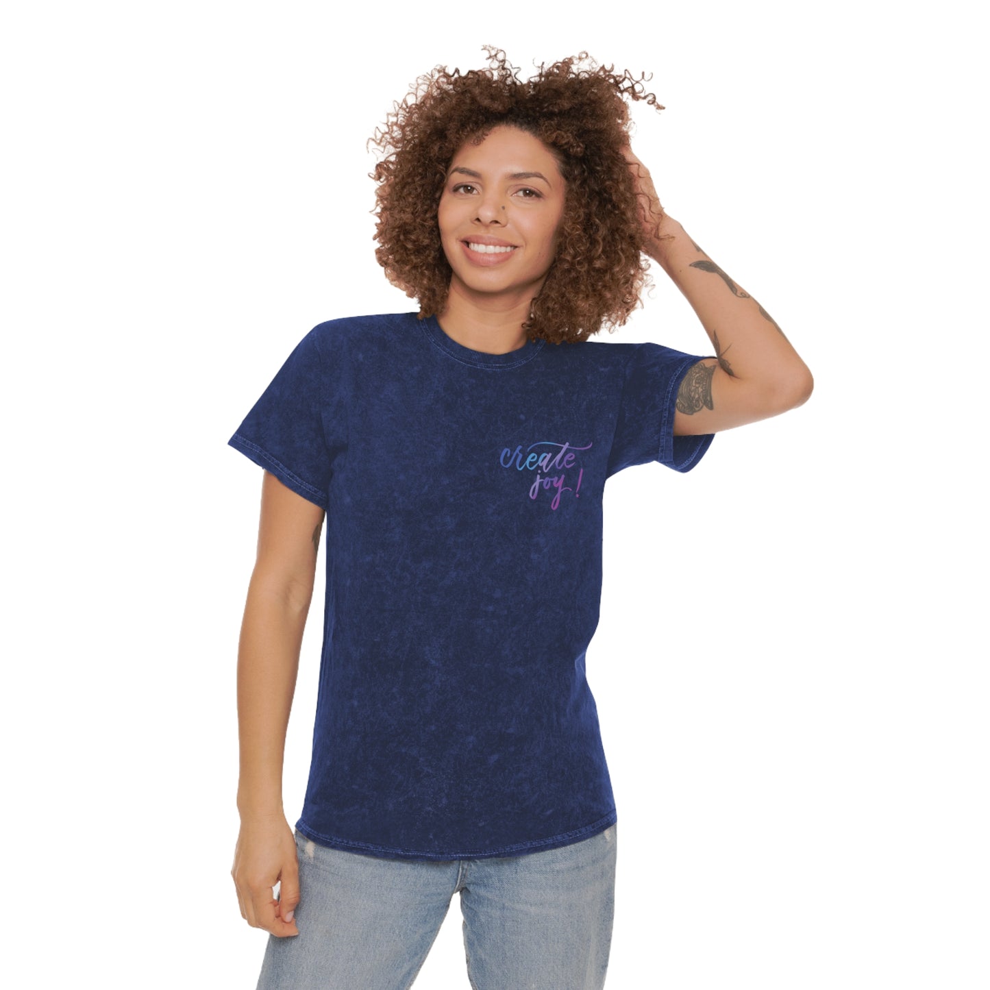 Script "Create Joy" Blue Purple Calligraphy Printed Unisex Mineral Wash T-Shirt