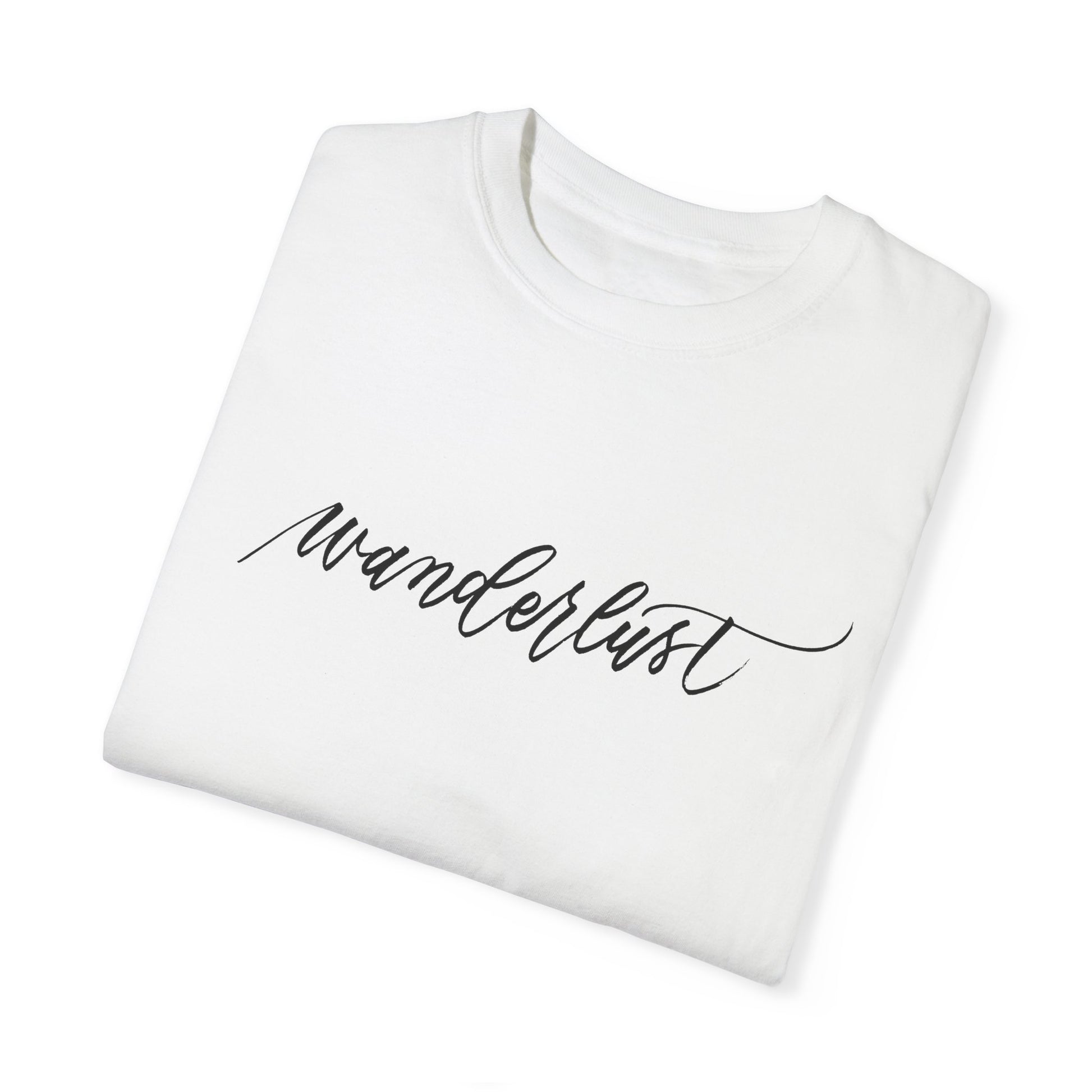 Handwritten beautiful calligraphy word "wanderlust" on a t-shirt.