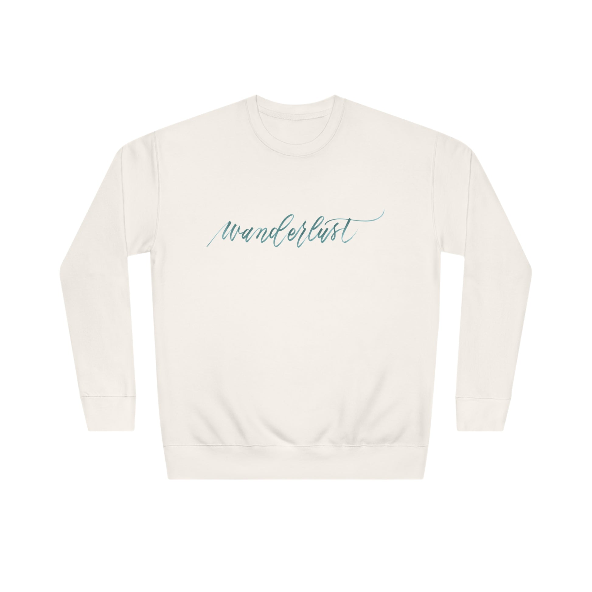 Ivory crew neck sweatshirt with modern brush calligraphy word "wanderlust" across the front of the shirt.