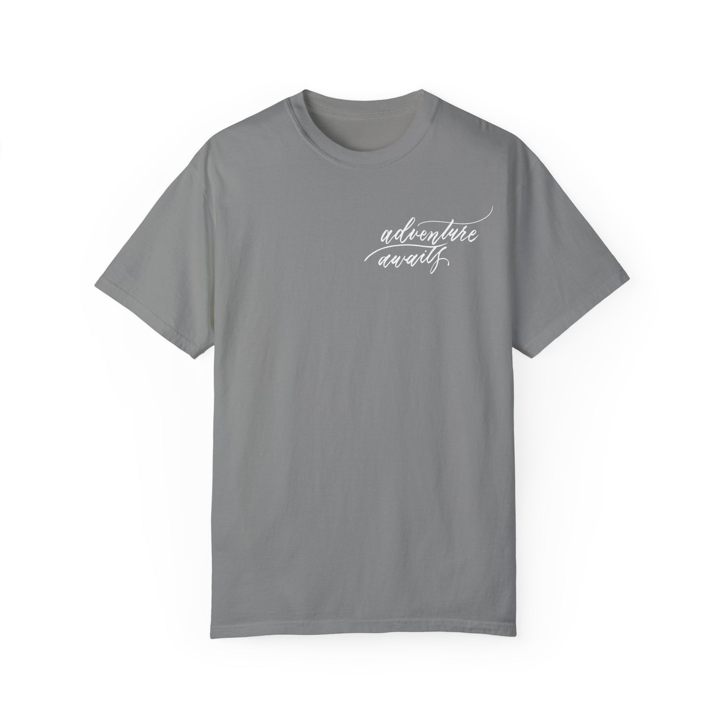 Script "Adventure Awaits" White Calligraphy Printed Unisex Garment-Dyed T-shirt