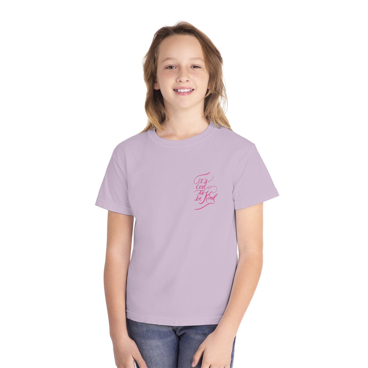 Script "It’s Cool to Be Kind" Pink Calligraphy Printed Youth Short Sleeve Mid-Weight Tee