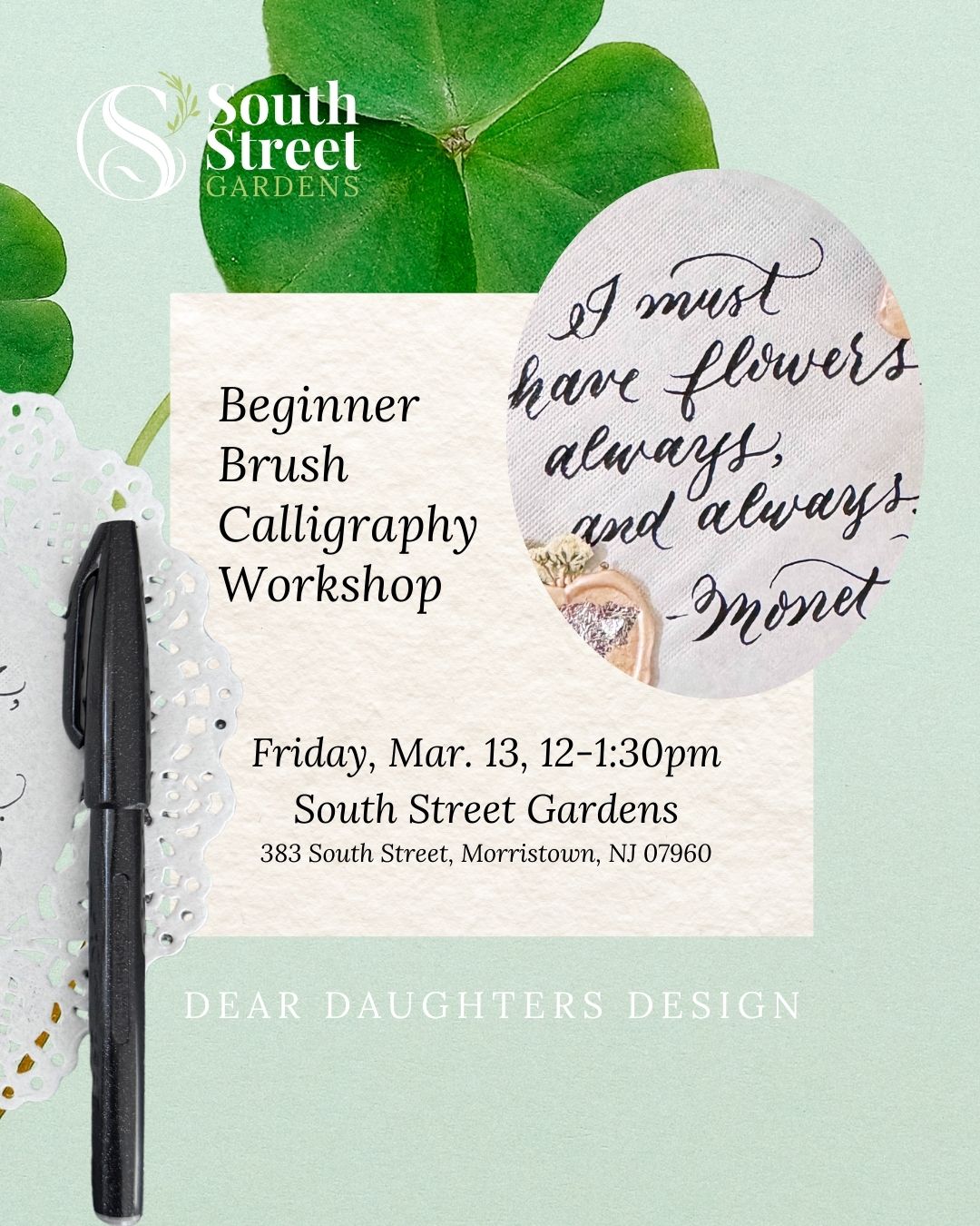 South Street Gardens - Friday, March 13, 2026, 12-1:30pm, Morristown, NJ - Learn Brush Lettering Calligraphy Workshop