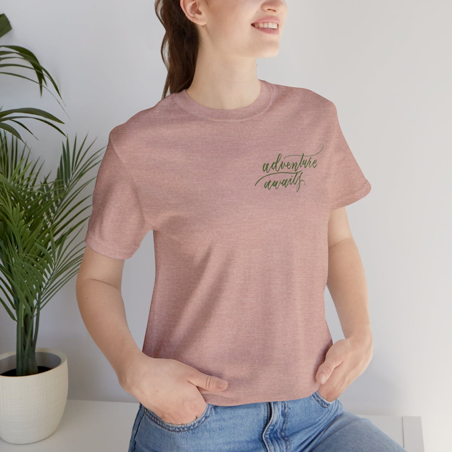 Script "Adventure Awaits" Green Calligraphy Printed Unisex T-shirt