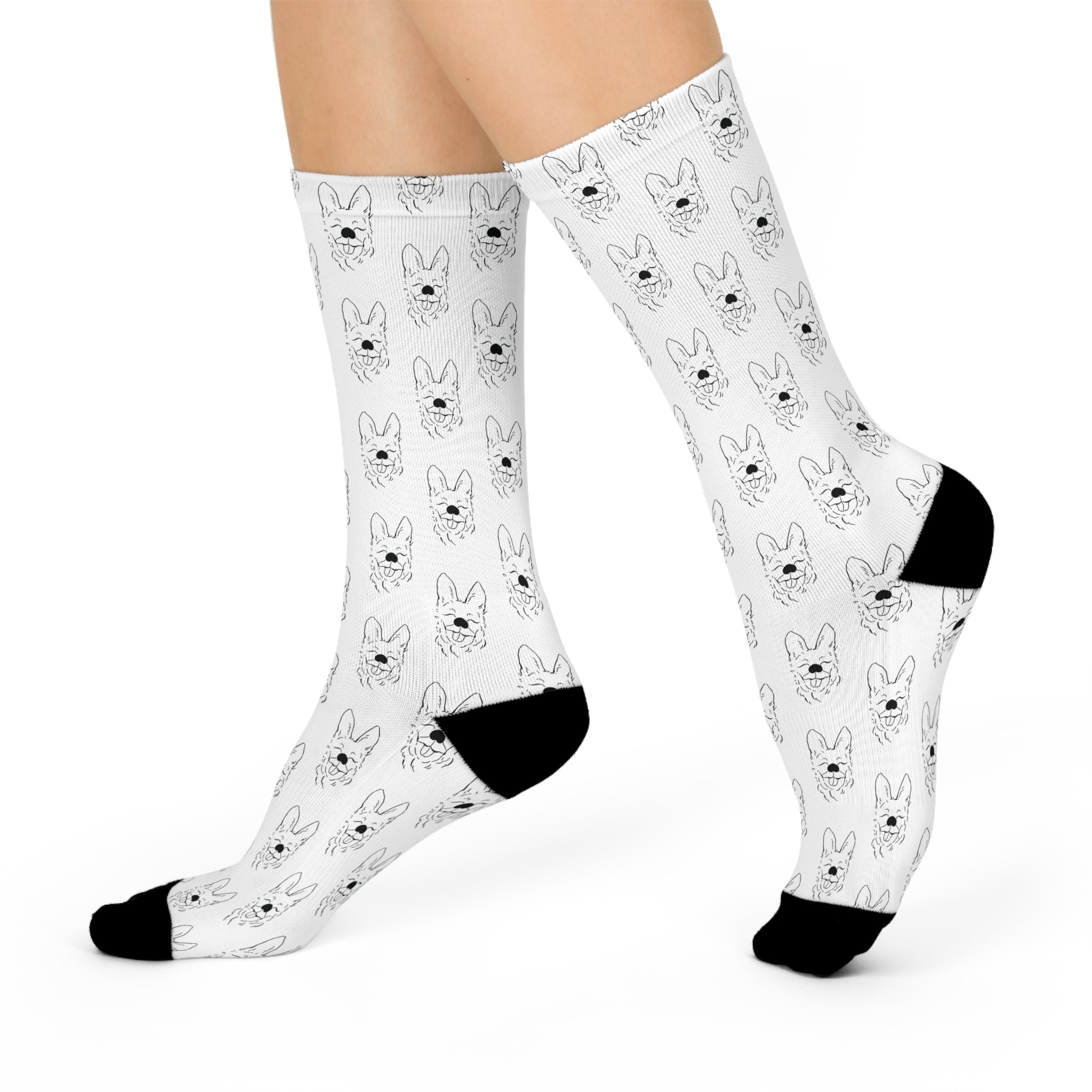 Puppy Smiles - Cute GSD German Shepherd Dog Socks - Cushioned Crew Socks - Hand-Drawn Dog Sketches