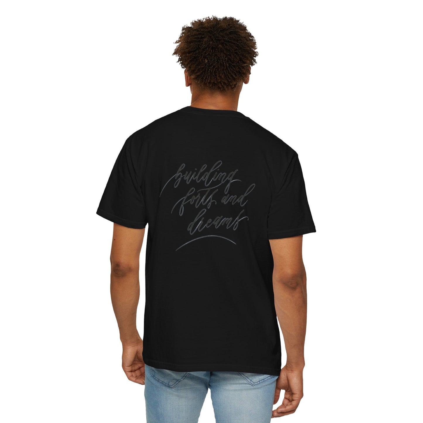 Script "Dad" Front & "Building Forts & Dreams" Calligraphy Back - Black Print on Black Unisex High Quality 100% Cotton T-shirt - Mom & Dad Shirts #03