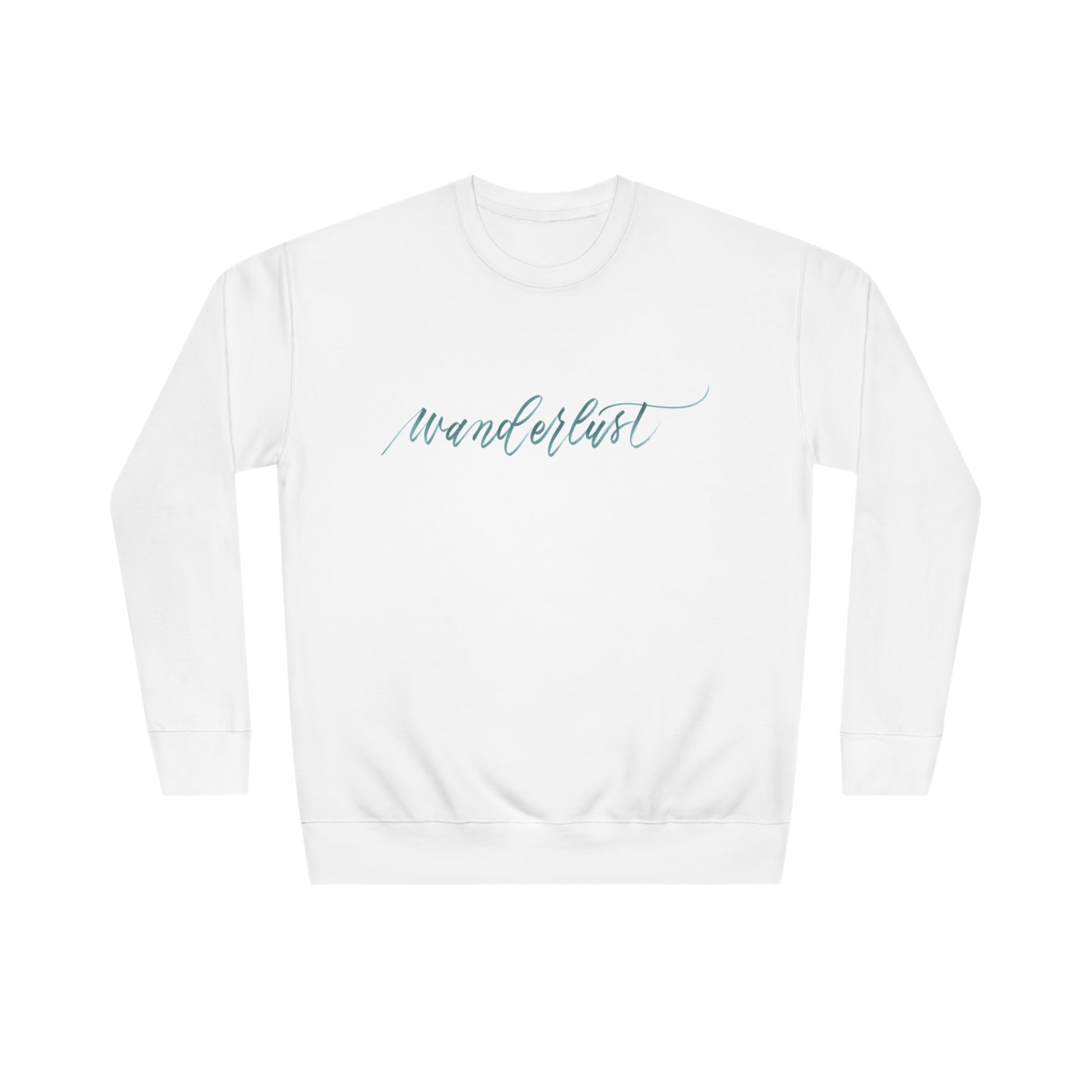 White crew neck sweatshirt with modern brush calligraphy word "wanderlust" across the front of the shirt.