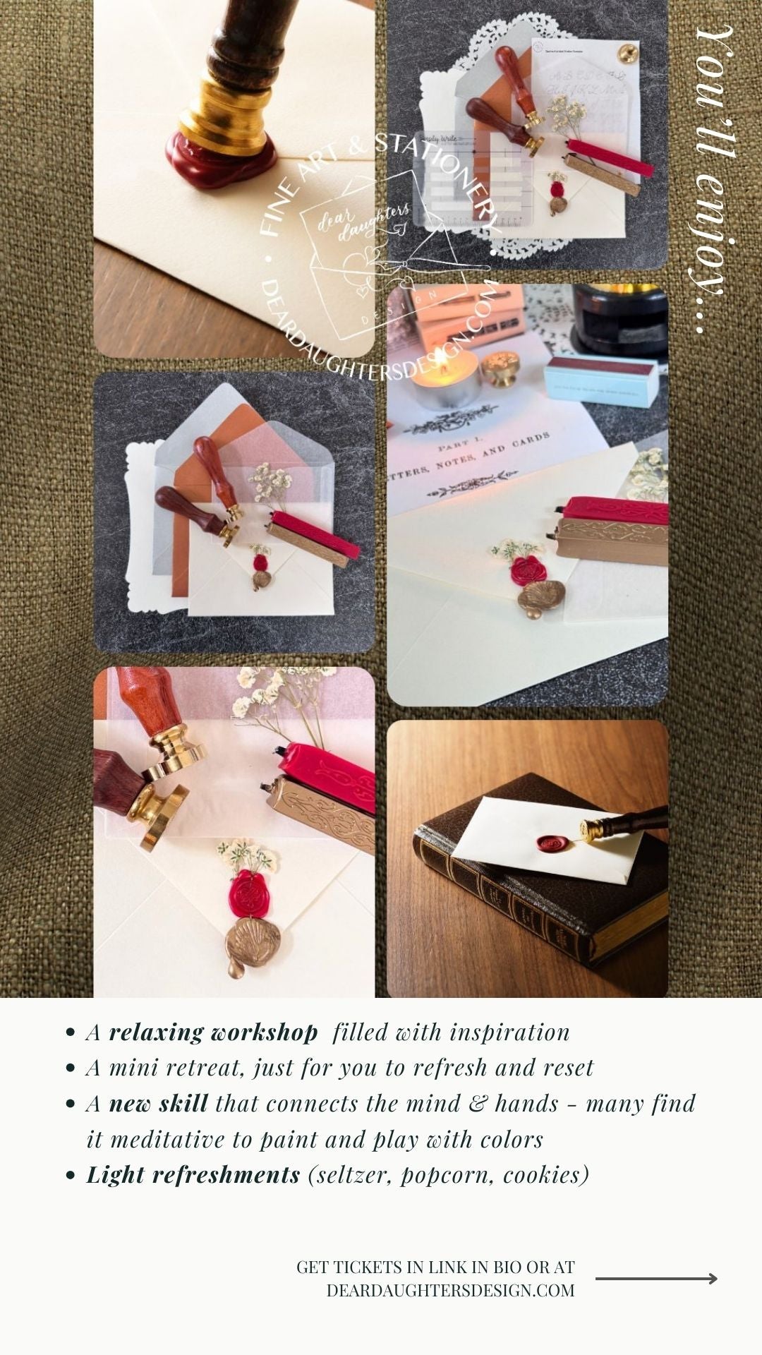 Promotional flyer for a relaxing workshop with various items and text.