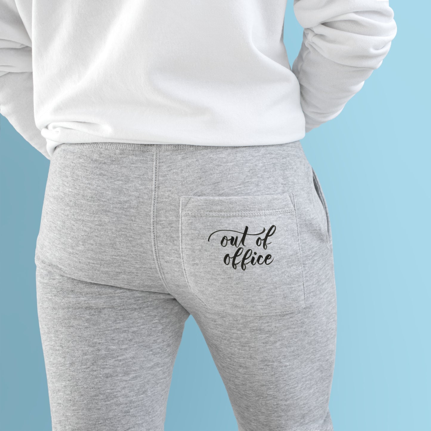 Script "Out of Office" Jogger - Black Calligraphy Printed Back Pocket - Unisex Fleece Joggers