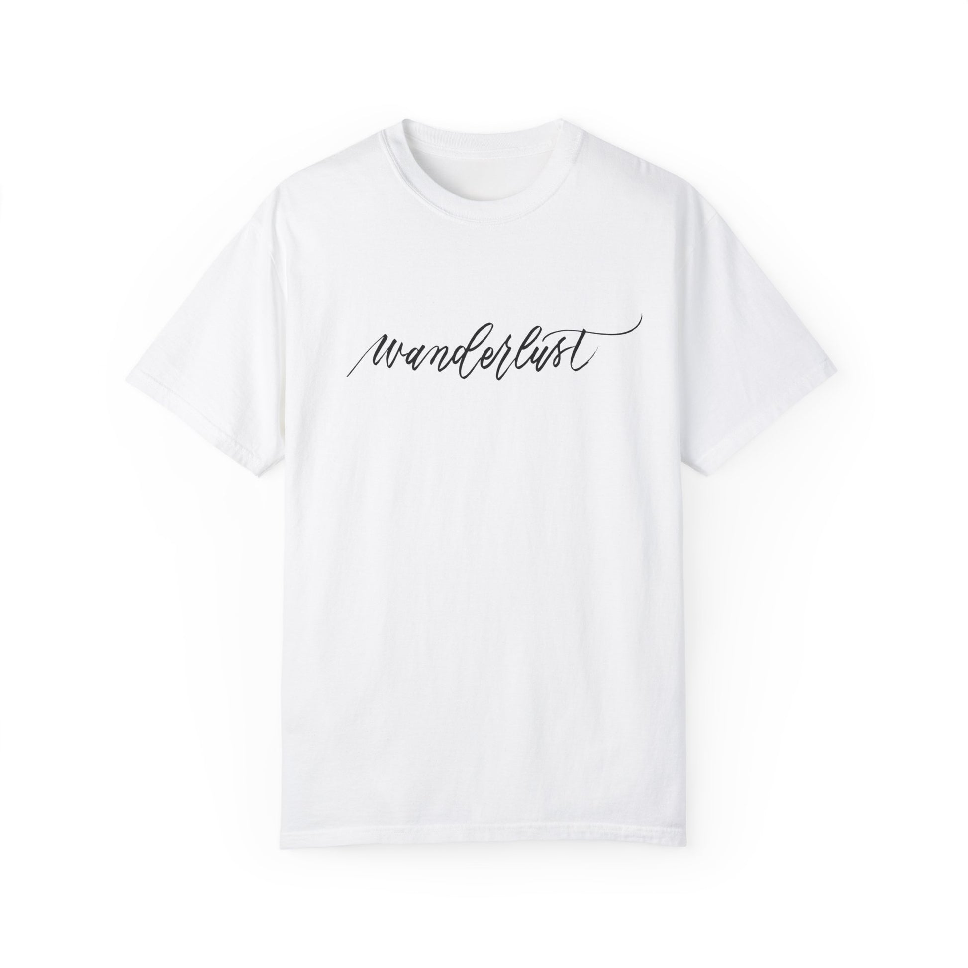 White t-shirt front view reads "wanderlust" handwritten in beautiful calligraphy.