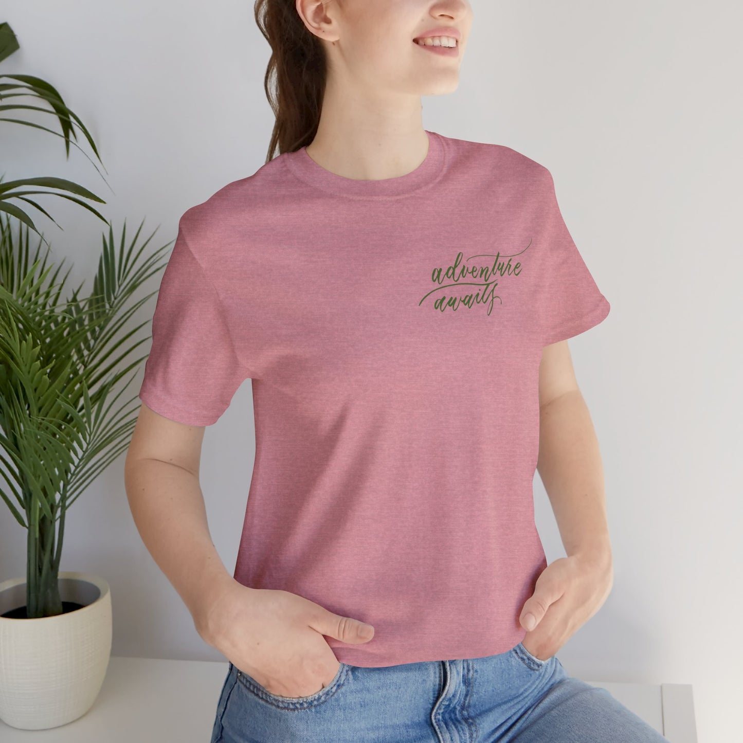 Script "Adventure Awaits" Green Calligraphy Printed Unisex T-shirt