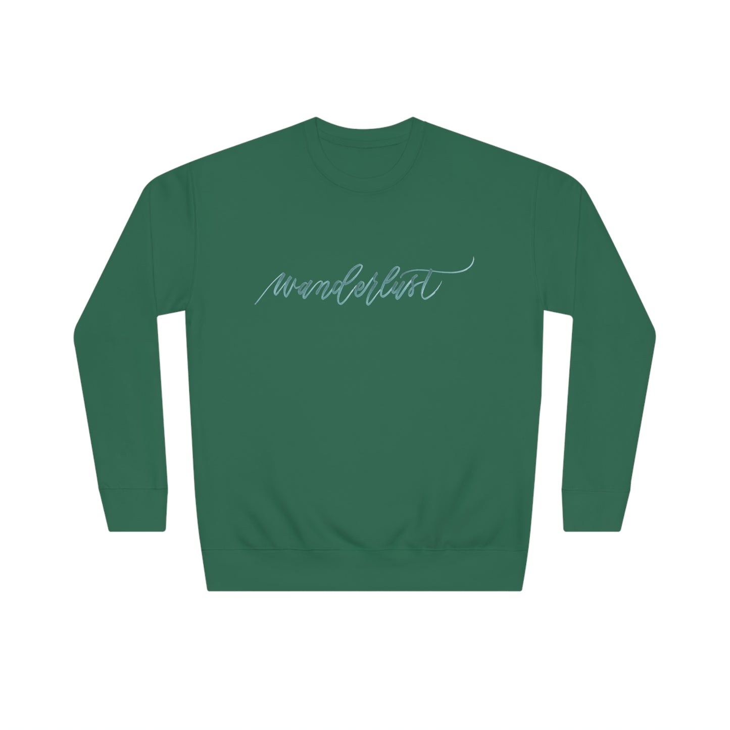 Green crew neck sweatshirt with modern brush calligraphy word "wanderlust" across the front of the shirt in a bright green color and favorite for walking national parks.