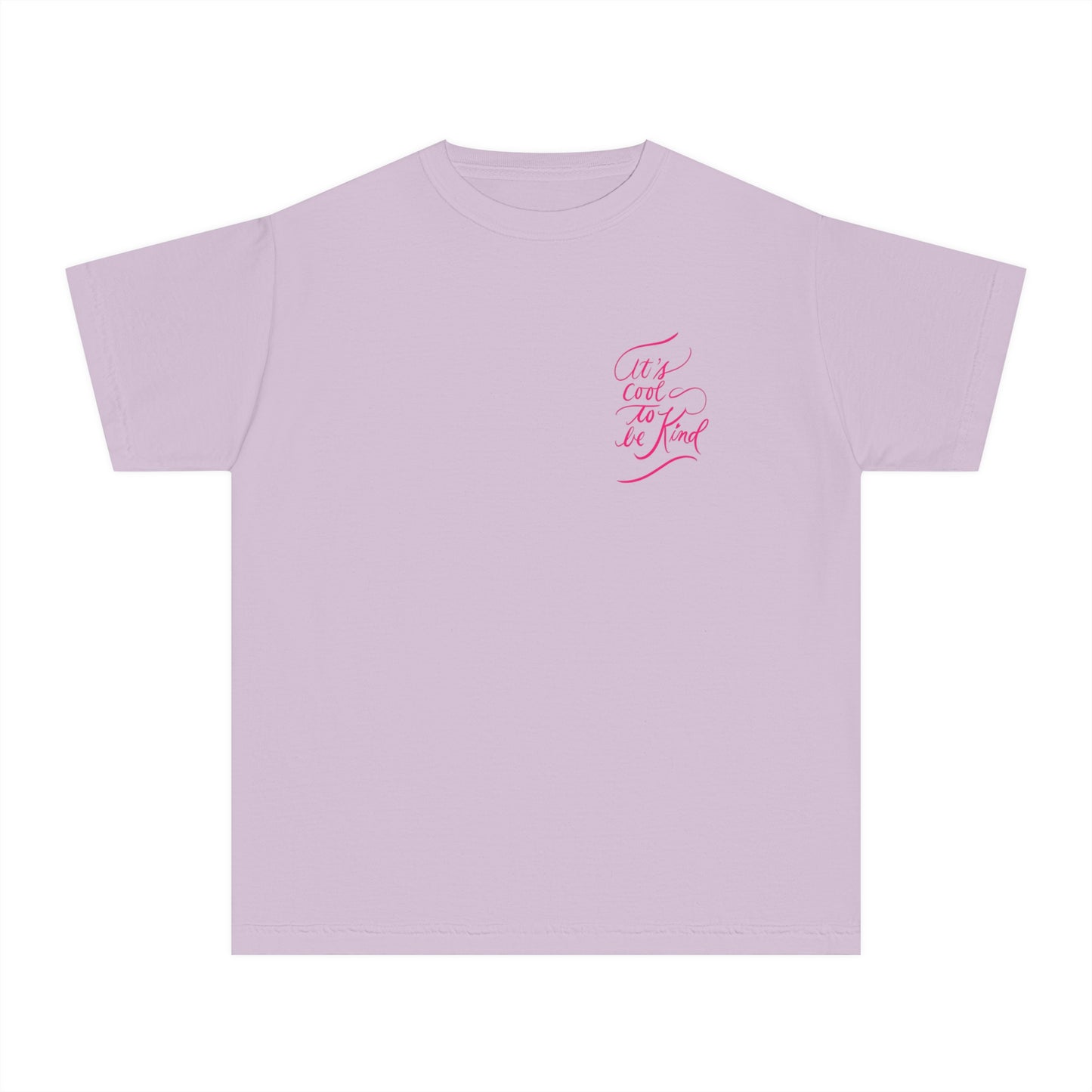 Script "It’s Cool to Be Kind" Pink Calligraphy Printed Youth Short Sleeve Mid-Weight Tee