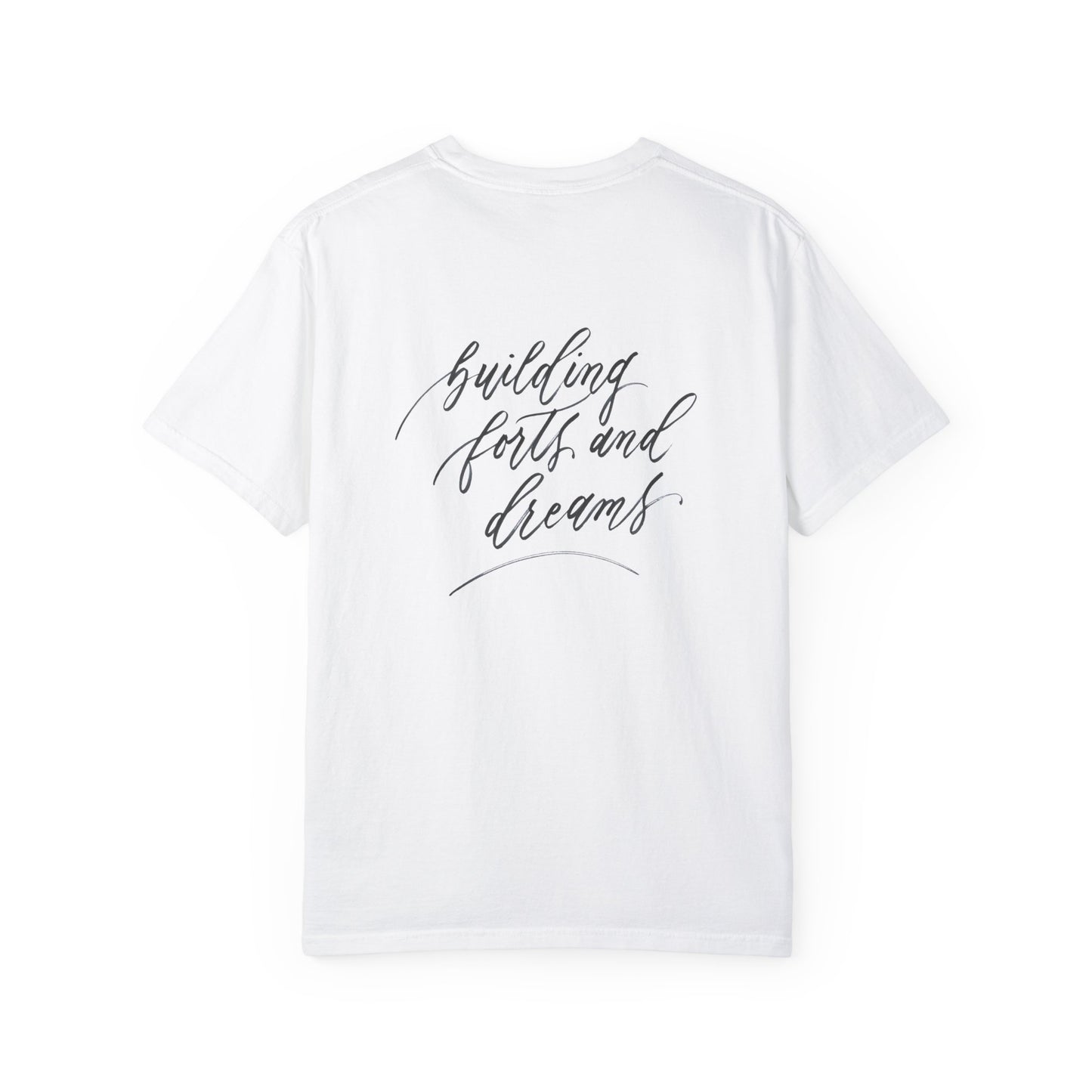 Script "Dad" Front & "Building Forts & Dreams" Calligraphy Back - Unisex High Quality 100% Cotton T-shirt - Mom & Dad Shirts #03