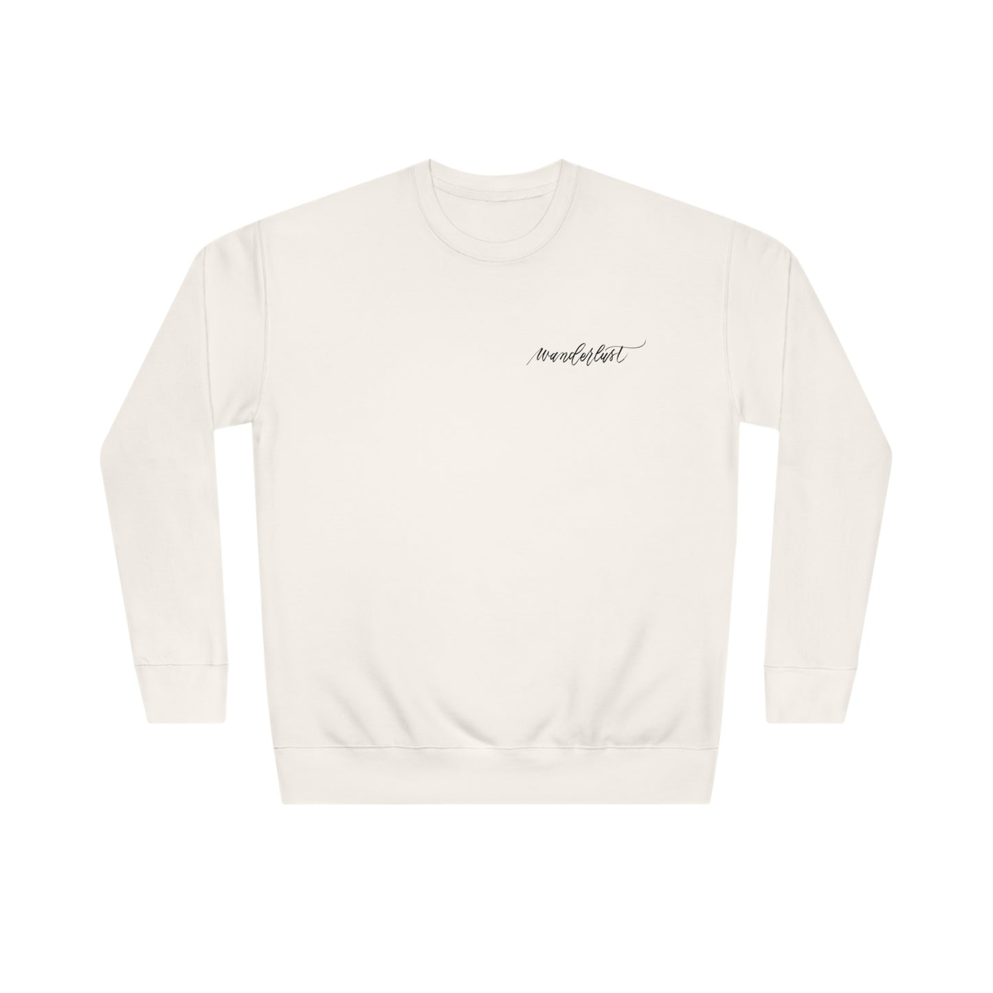 Flat lay Ivory crew neck sweatshirt with modern calligraphy word "wanderlust" on left chest.