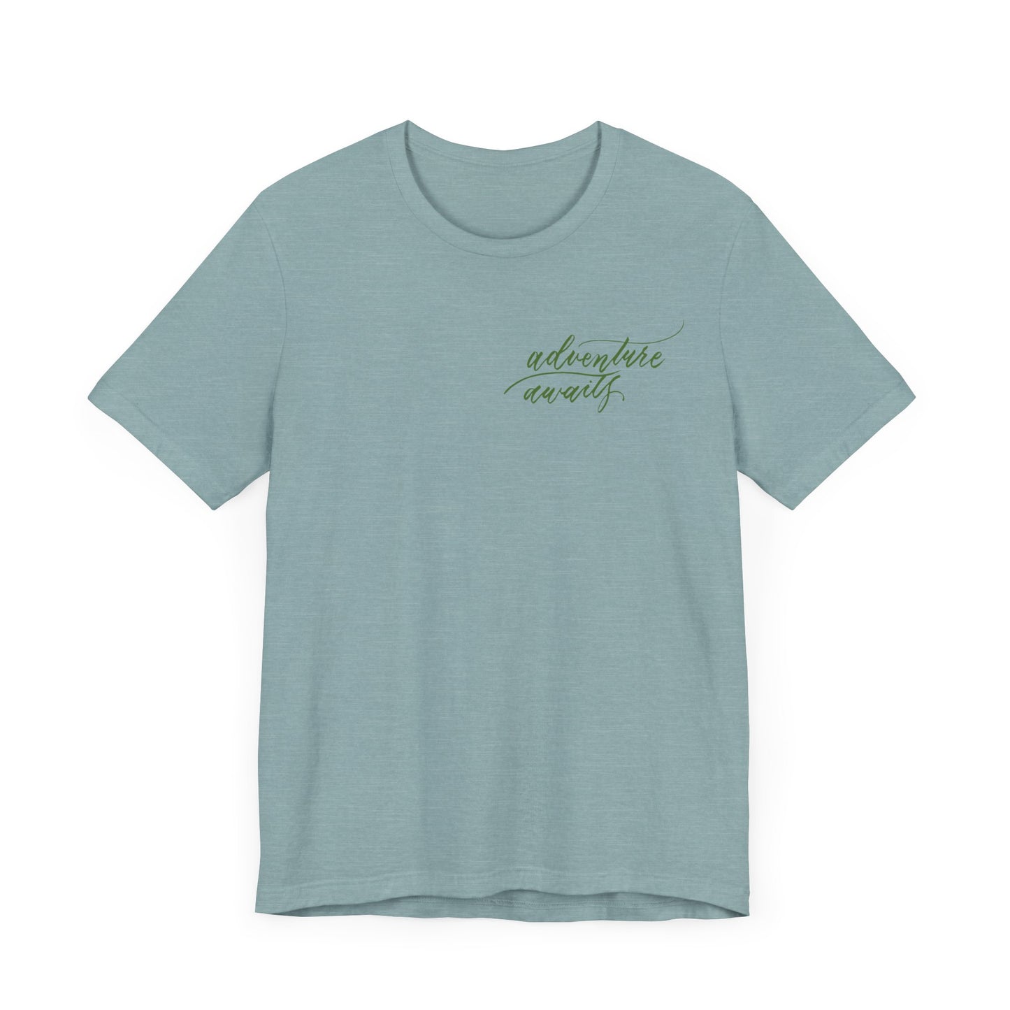 Script "Adventure Awaits" Green Calligraphy Printed Unisex T-shirt