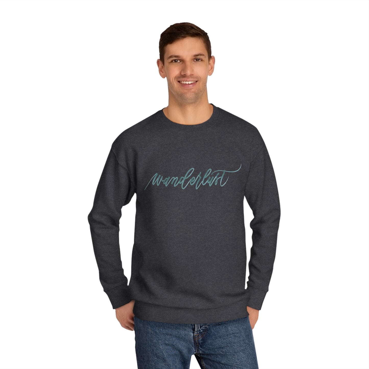 Man wearing charcoal grey crewneck sweatshirt with a calligraphy design on front that reads "wanderlust".