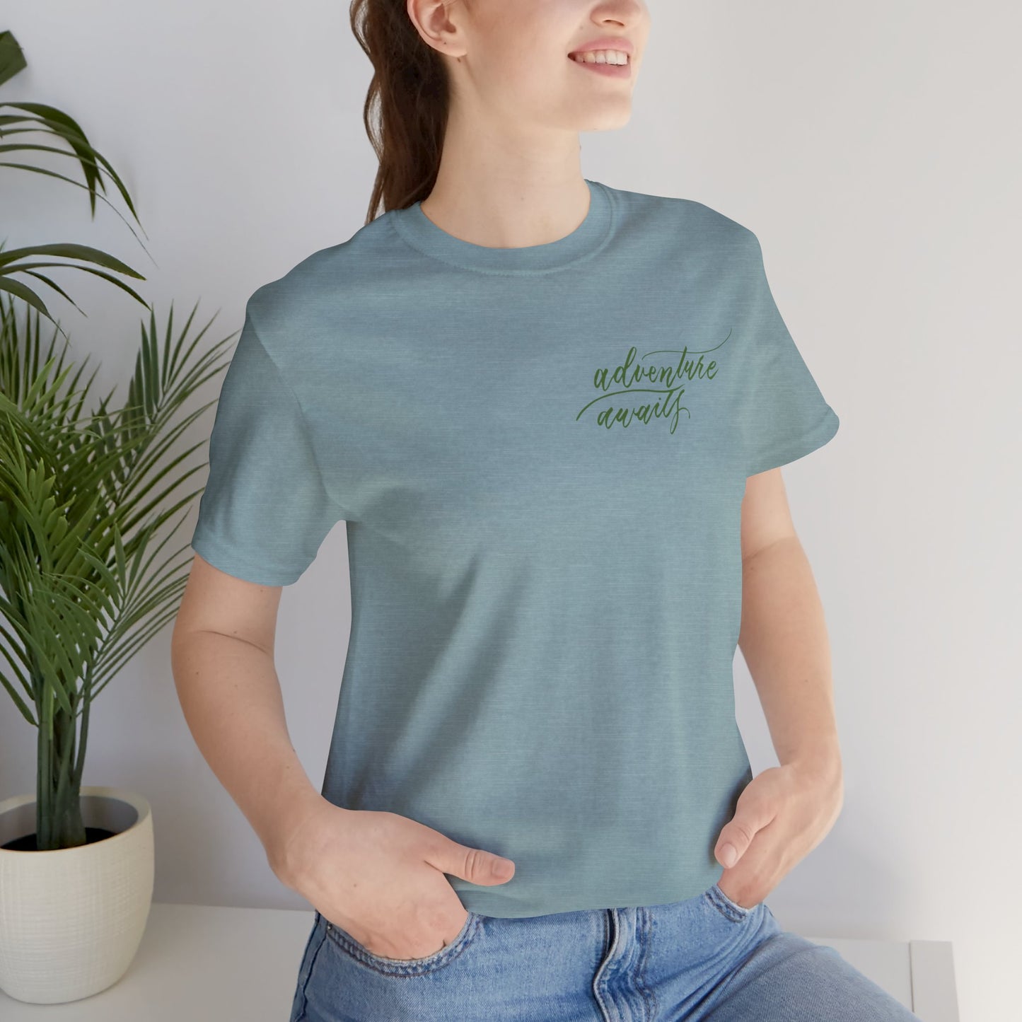 Script "Adventure Awaits" Green Calligraphy Printed Unisex T-shirt