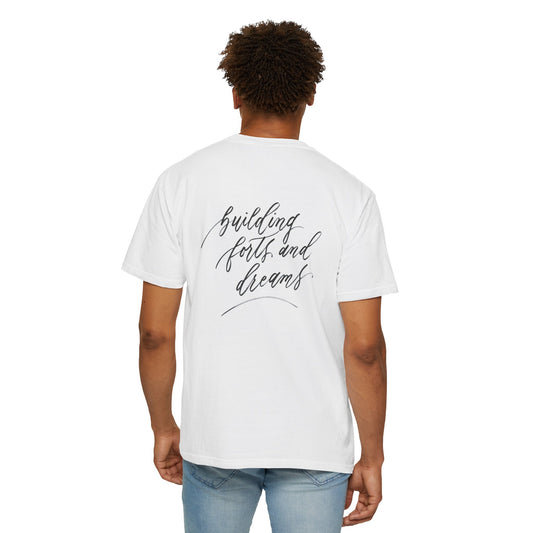 Script "Dad" Front & "Building Forts & Dreams" Calligraphy Back - Unisex High Quality 100% Cotton T-shirt - Mom & Dad Shirts #03