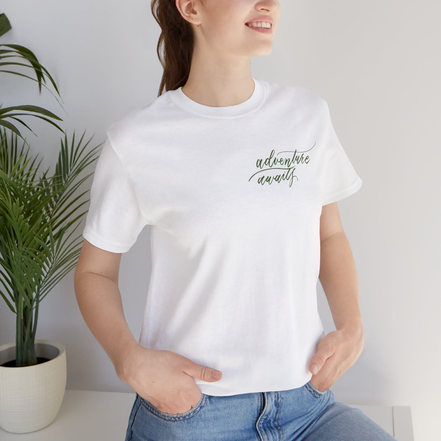 Script "Adventure Awaits" Green Calligraphy Printed Unisex T-shirt