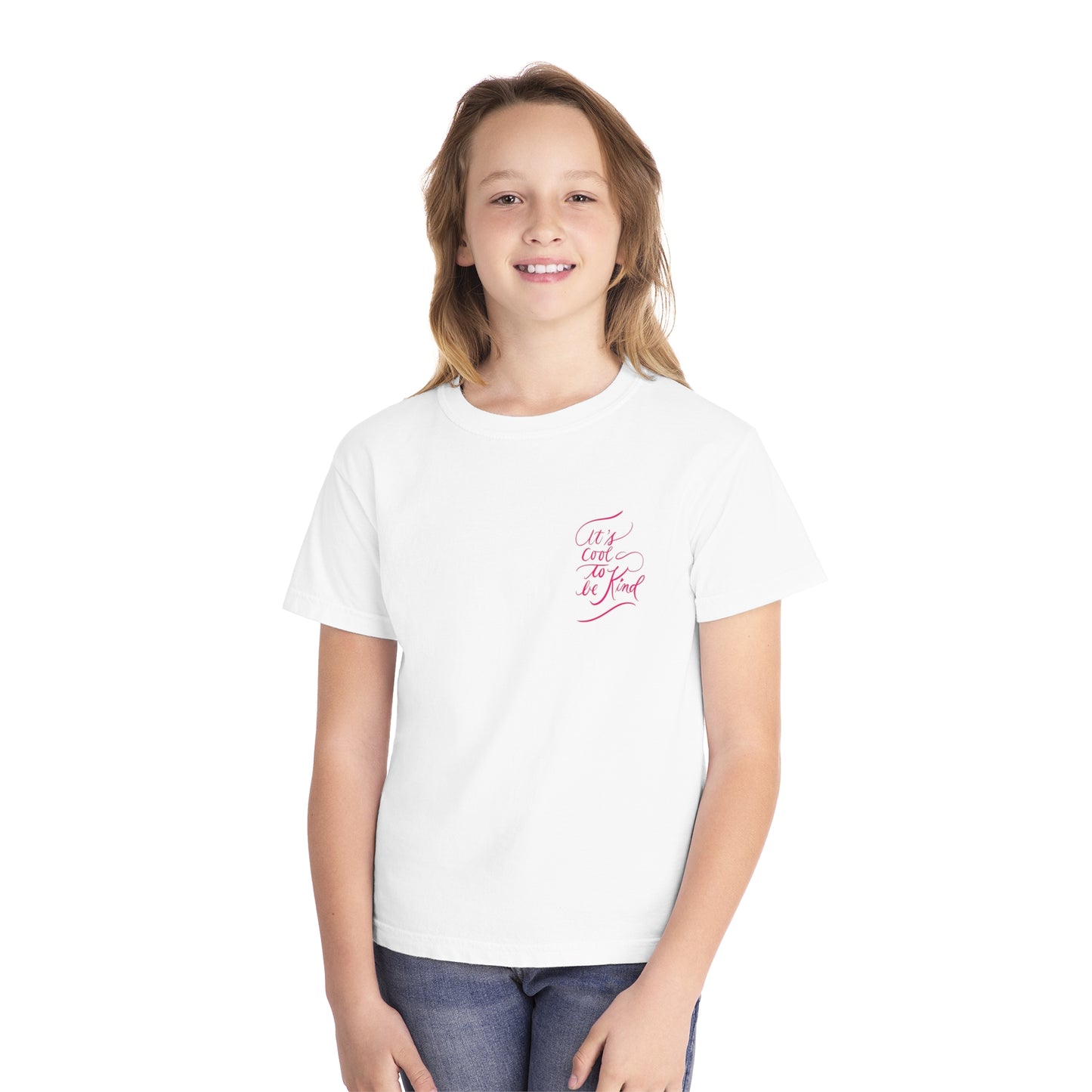 Script "It’s Cool to Be Kind" Pink Calligraphy Printed Youth Short Sleeve Mid-Weight Tee