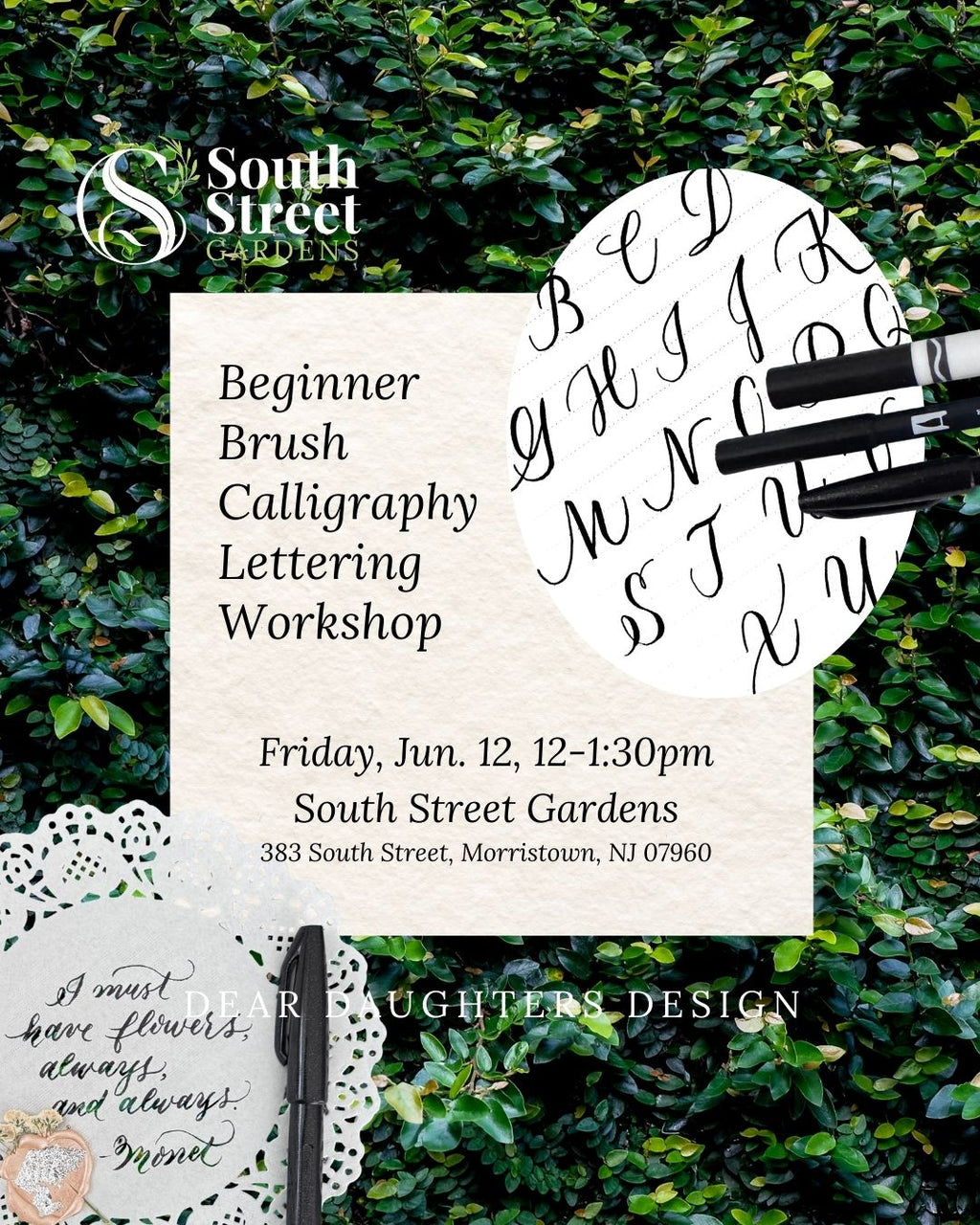South Street Gardens - Friday, June 12, 2026, 12-1:30pm, Morristown, NJ - Learn Brush Lettering Calligraphy Workshop