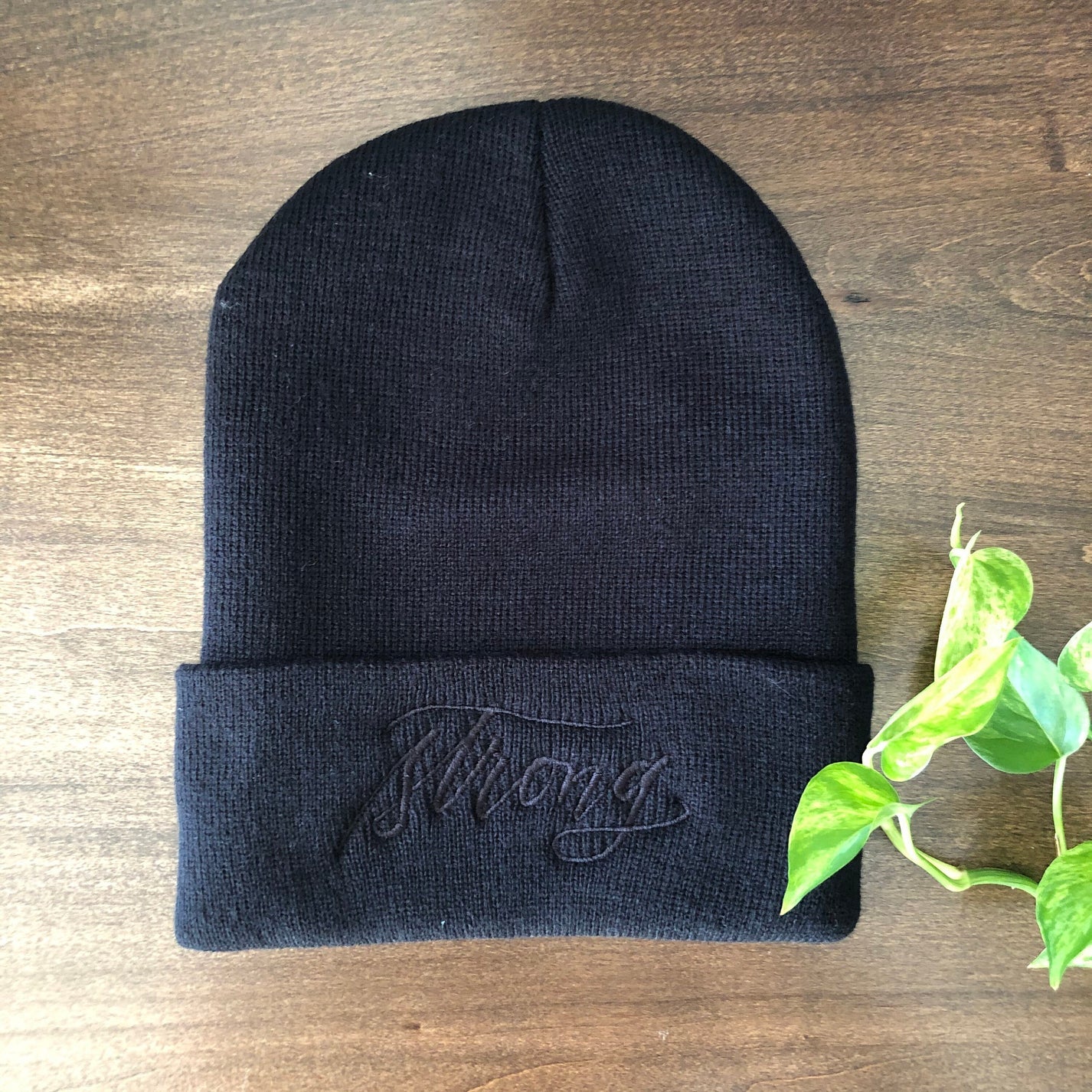 Embroidered Black Script "Strong" Calligraphy on Black or Grey Cuffed Beanie