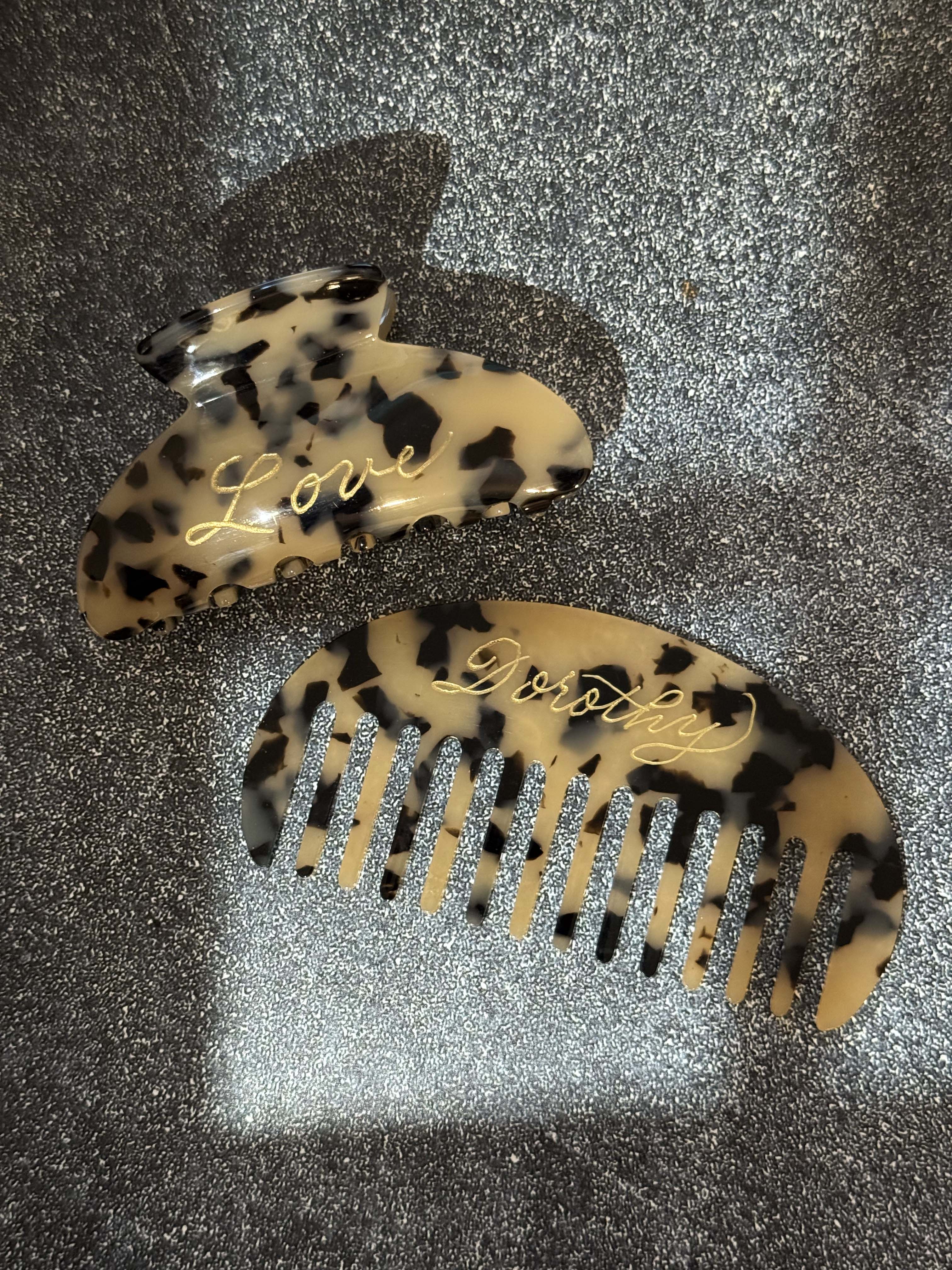 Personalized Engraved Hair Clip: Light Tortoiseshell Claw Clip & Comb Gift Set