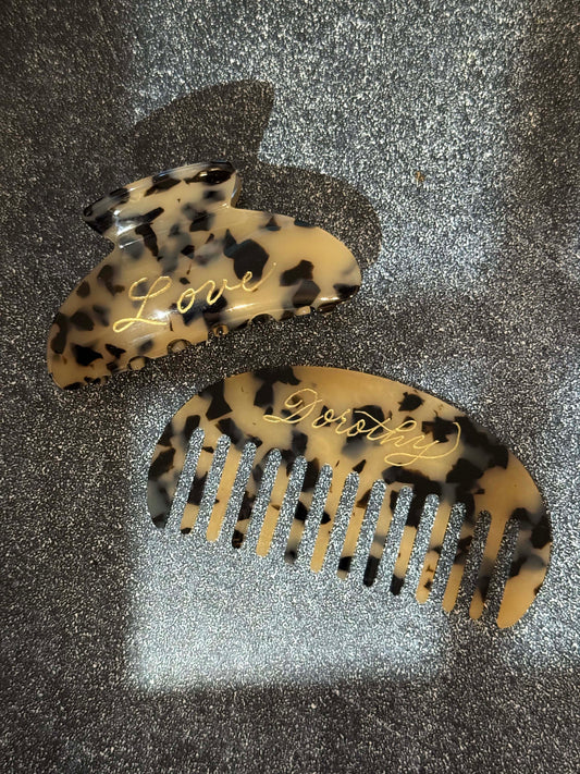 Personalized Engraved Hair Clip: Light Tortoiseshell Claw Clip & Comb Gift Set