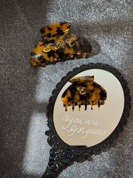 Personalized Engraved Hair Clips & Mirror Set: Custom Dark Tortoiseshell Claw Clips Set with Handheld Mirror
