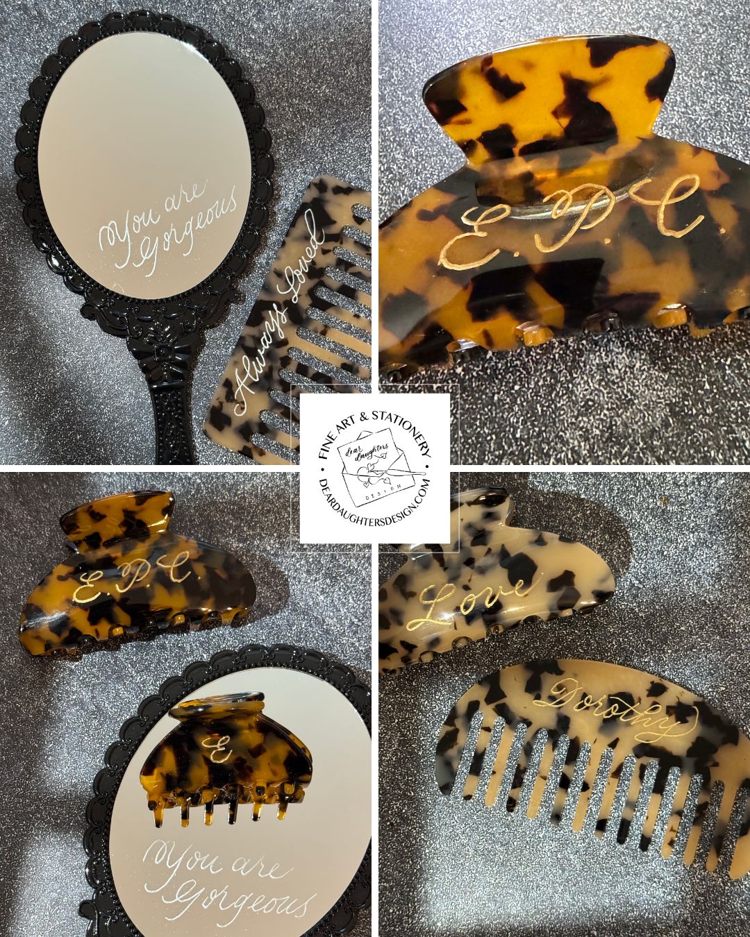 Personalized Engraved Hair Clips & Mirror Set: Custom Dark Tortoiseshell Claw Clips Set with Handheld Mirror