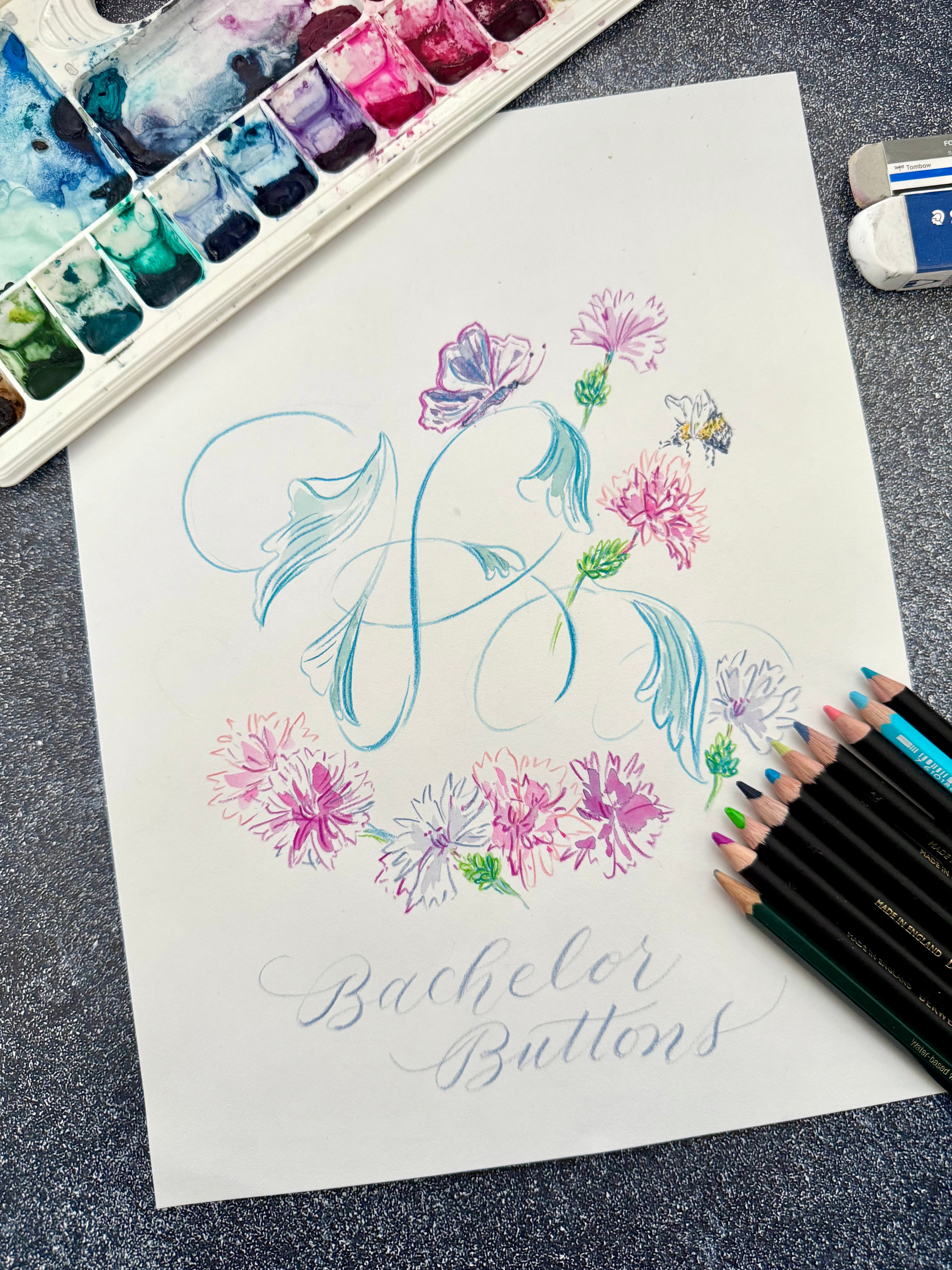 Hand-drawn Floral Monogram Commission (Unframed) - Dear Daughters Design