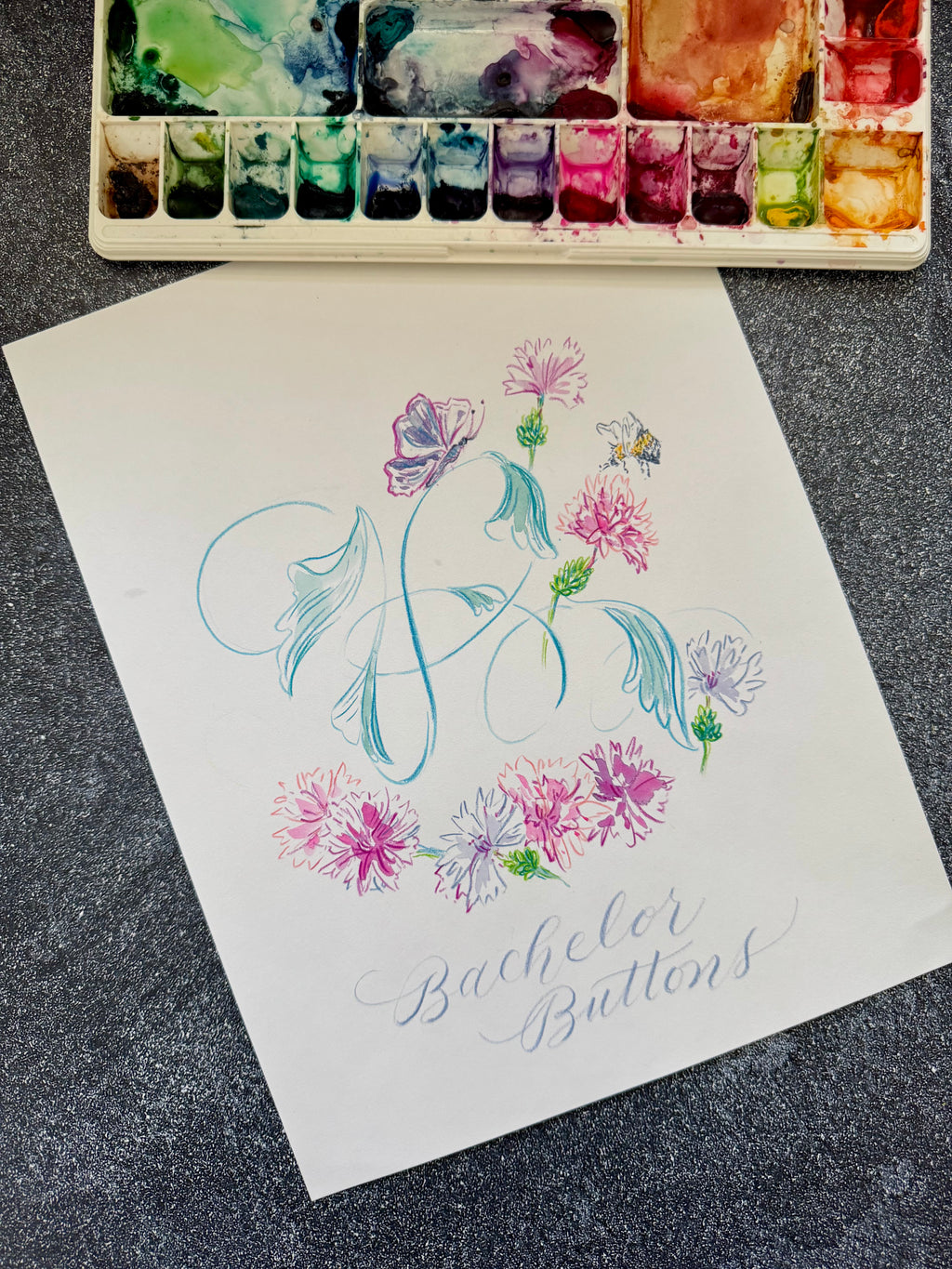 Initials Monogram Design Service - Colored Pencil & Watercolor on 100% Cotton Paper