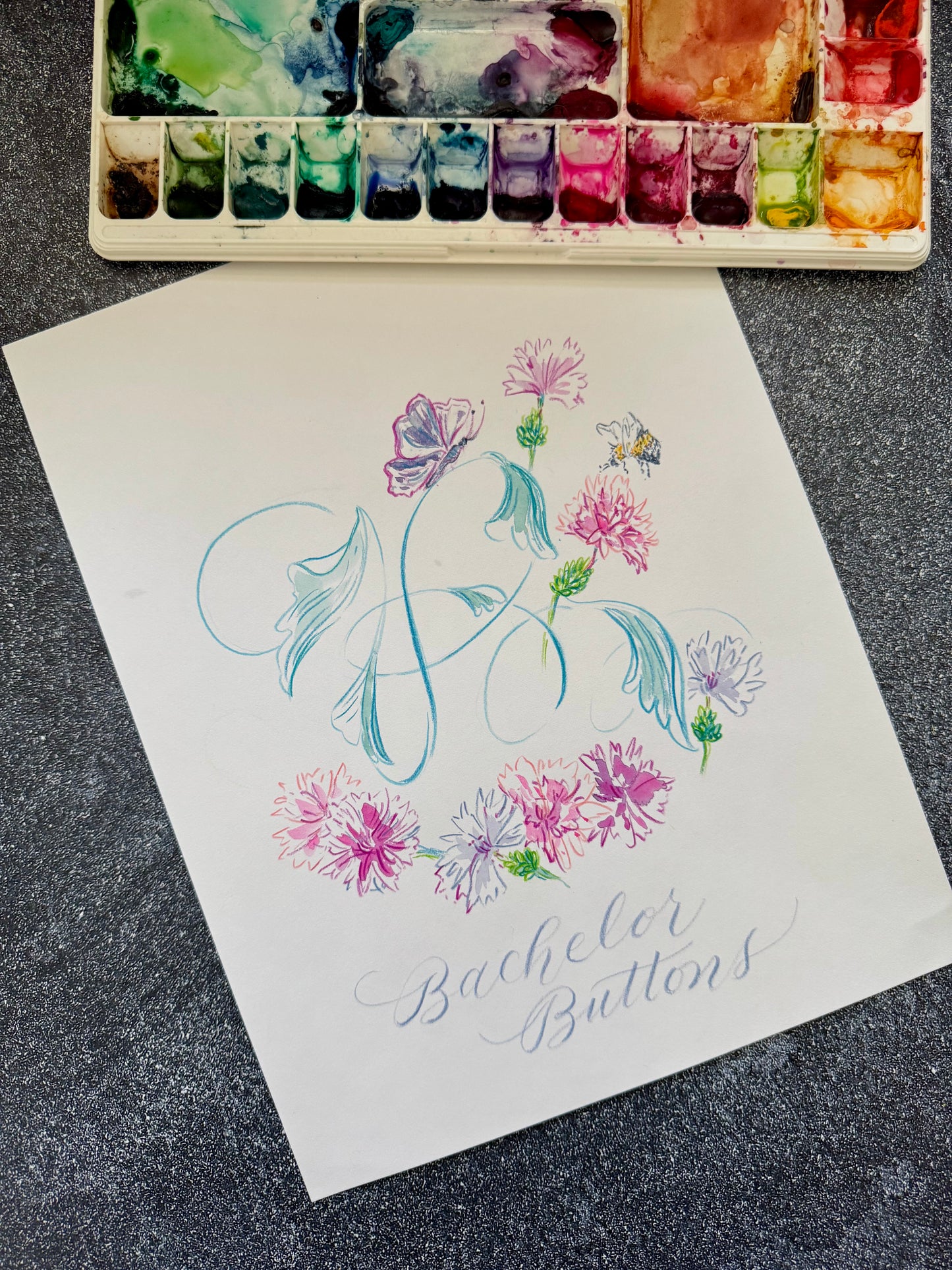 Custom Monogram Design - Colored Pencil & Watercolor on 100% Cotton Paper