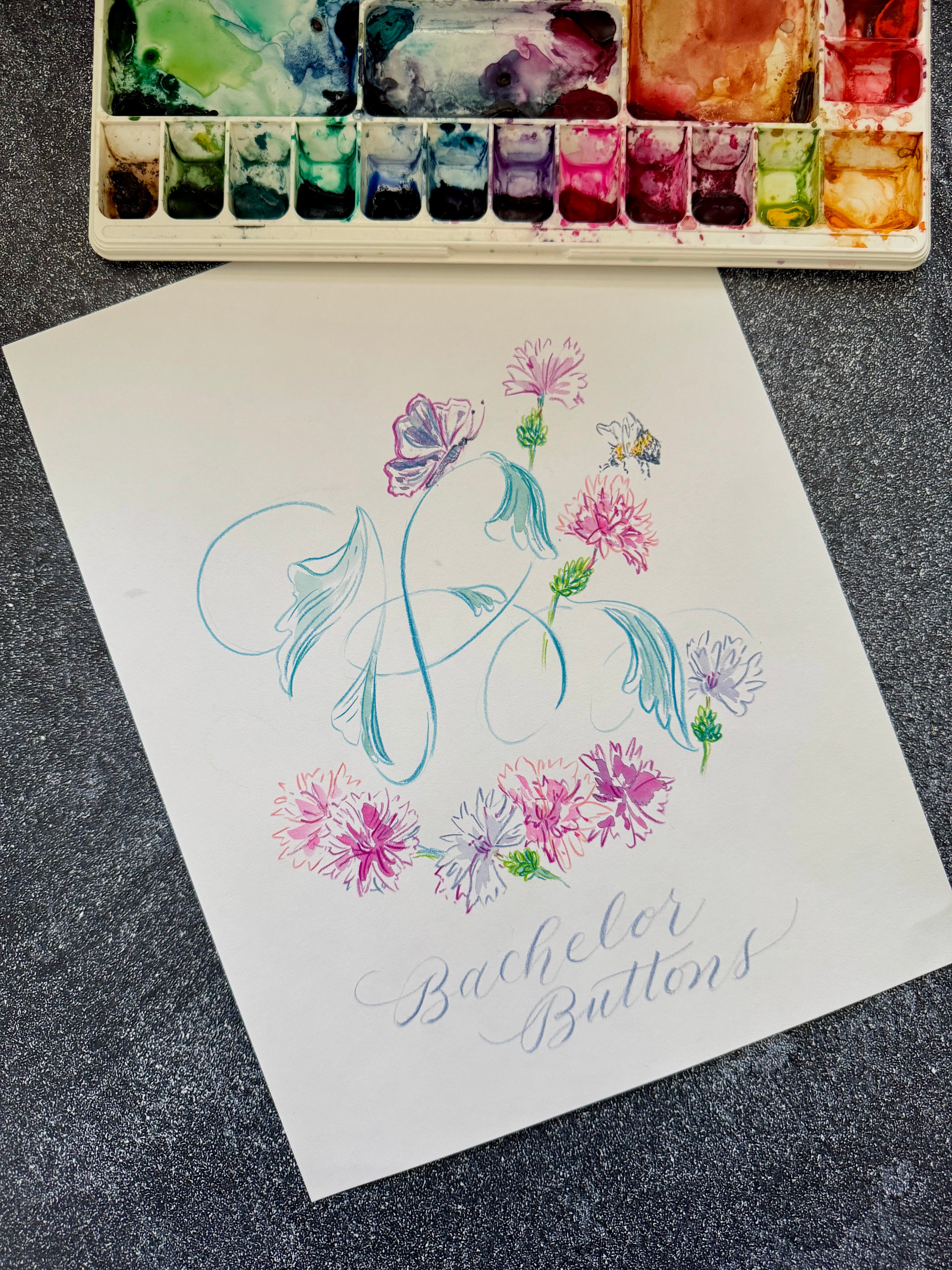 Initials Monogram Design Service - Colored Pencil & Watercolor on 100% Cotton Paper