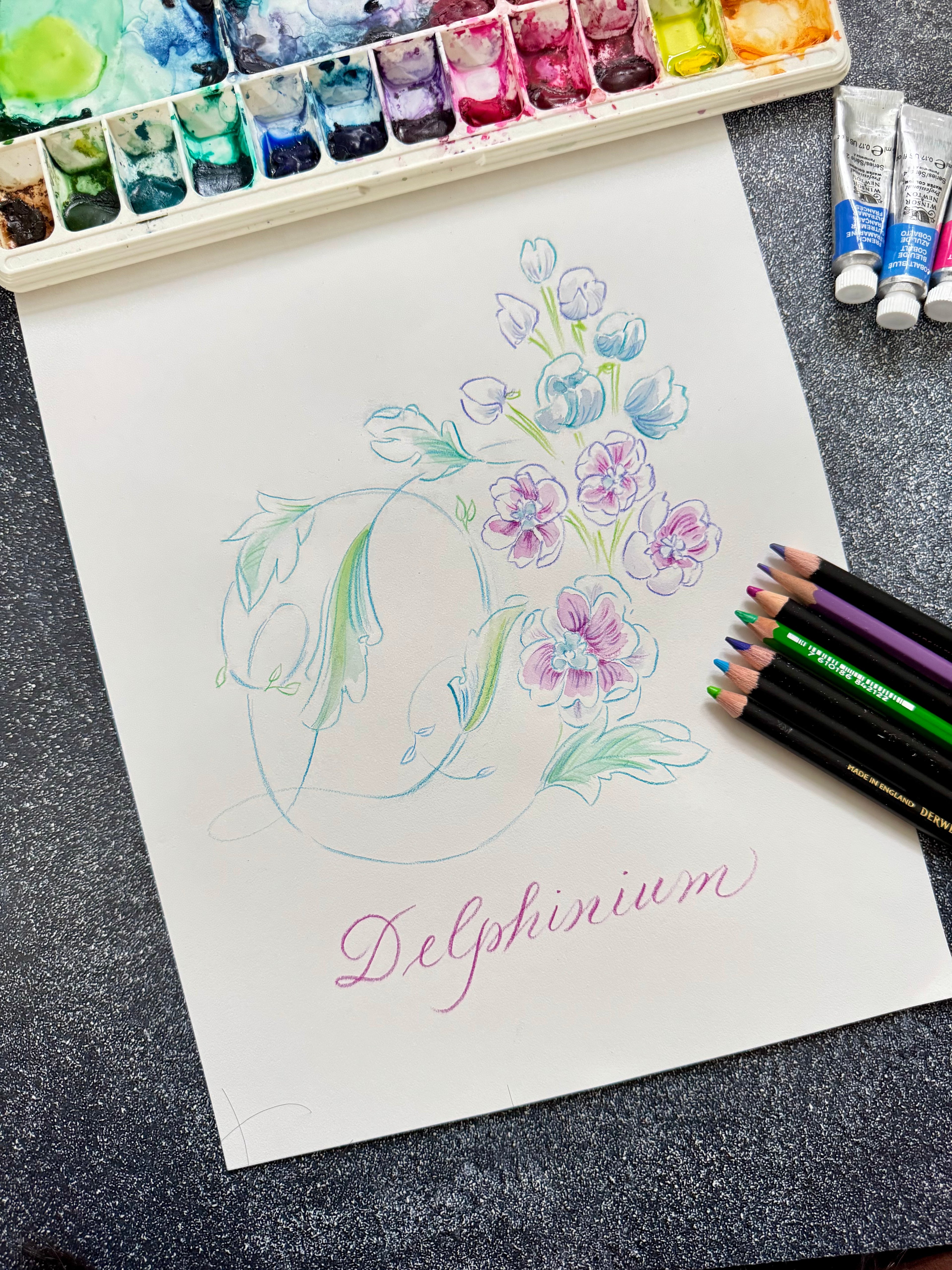 Initials Monogram Design Service - Colored Pencil & Watercolor on 100% Cotton Paper