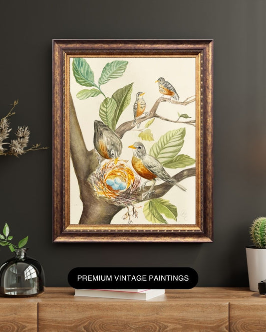 Custom Scientific Illustration - Ornithological Study - Audubon-Inspired Robins & Nest Eggs