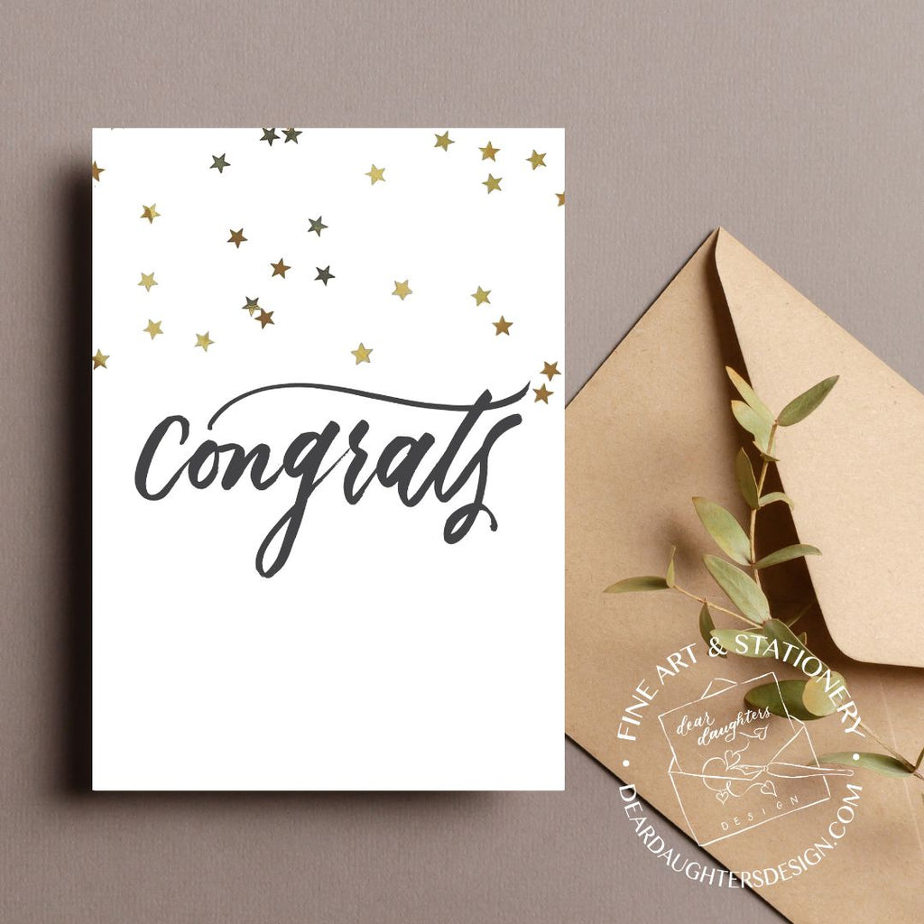 "Congrats" Black Script Gold Stars Congratulations Greeting Card - Celebrations #02