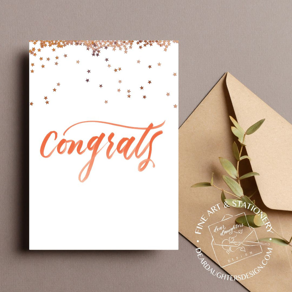 "Congrats" Orange Script Rose Gold Stars Congratulations Greeting Card - Celebrations #03