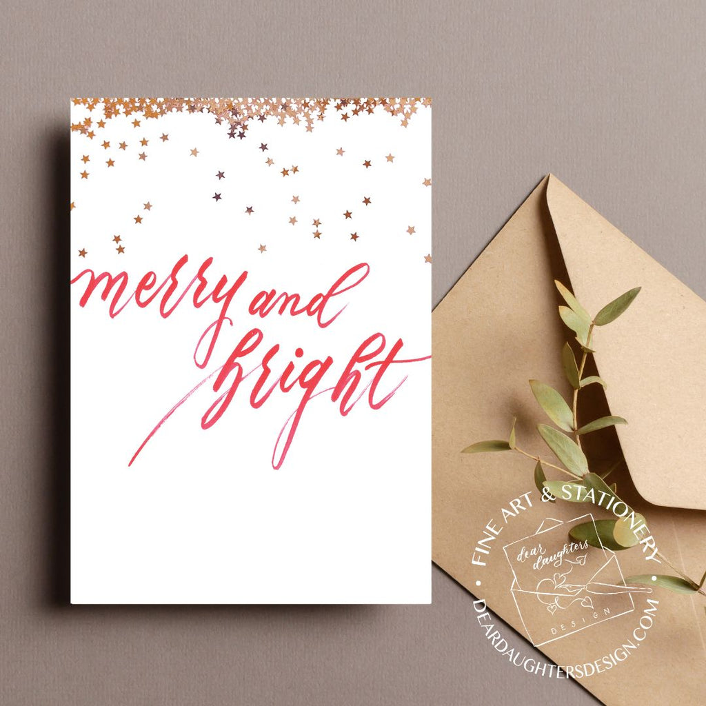 "Merry and Bright" Red Brush Script Holiday Greeting Card - Holidays #1