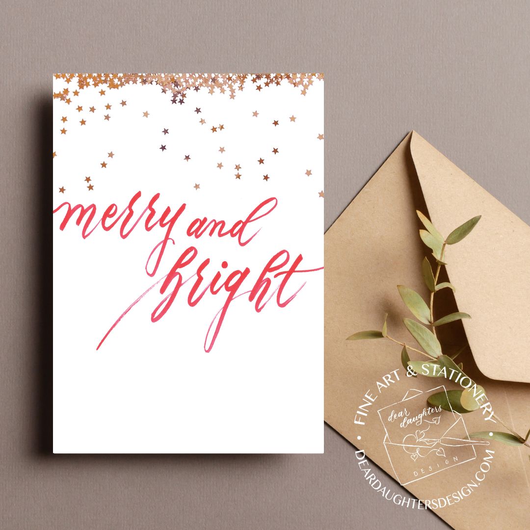 "Merry and Bright" Red Brush Script Holiday Greeting Card - Holidays #1