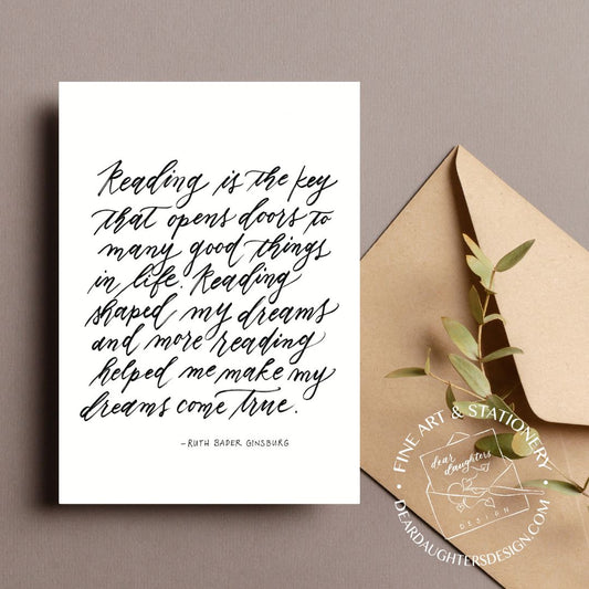 "Reading is Key" Ruth Bader Ginsburg RBG Quote Calligraphy Printed Greeting Card