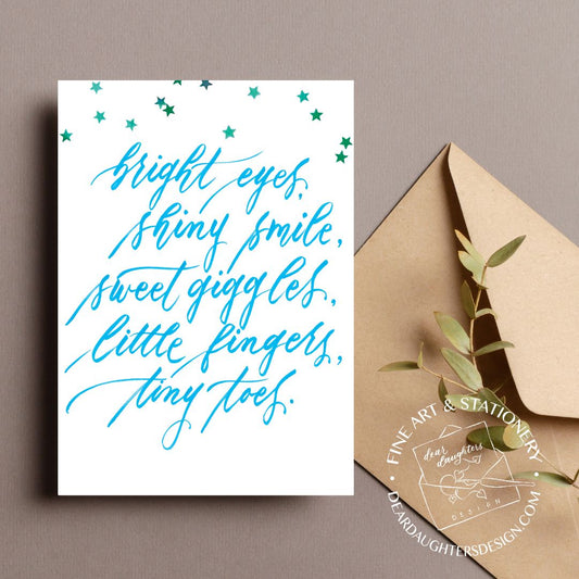 "Tiny Toes" New Baby Blue Script Congratulations Greeting Card - Celebrations #05