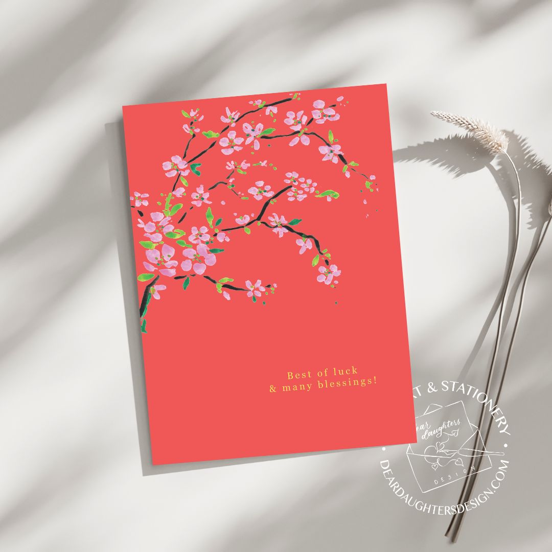 "Best of Luck & Many Blessings" Chinese-Inspired Plum Blossom Botanical Art Greeting Card