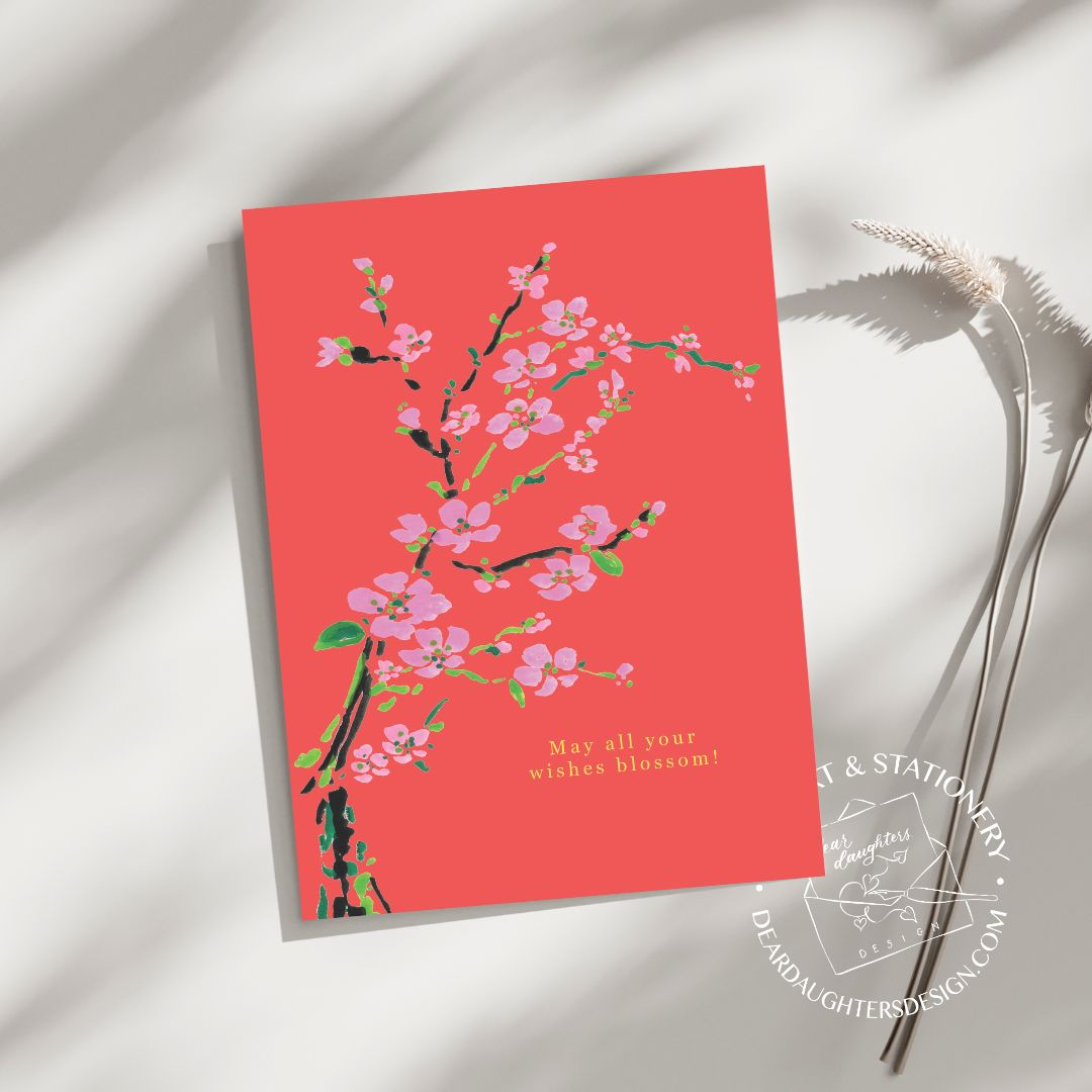 "May All Your Wishes Blossom" Chinese-Inspired Plum Blossom Botanical Art Greeting Card