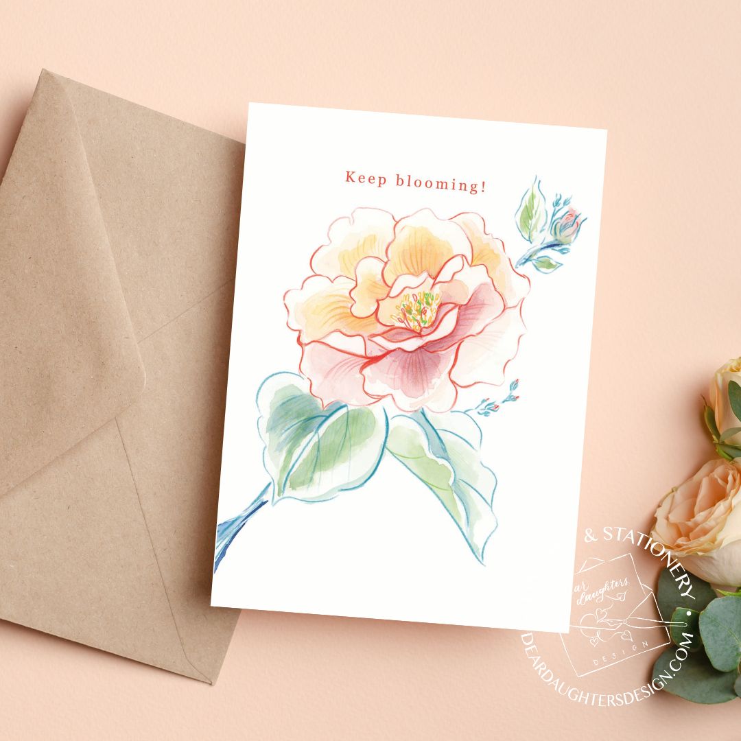 "Keep Blooming" Large Pretty Rose Blossom Floral Art Greeting Card