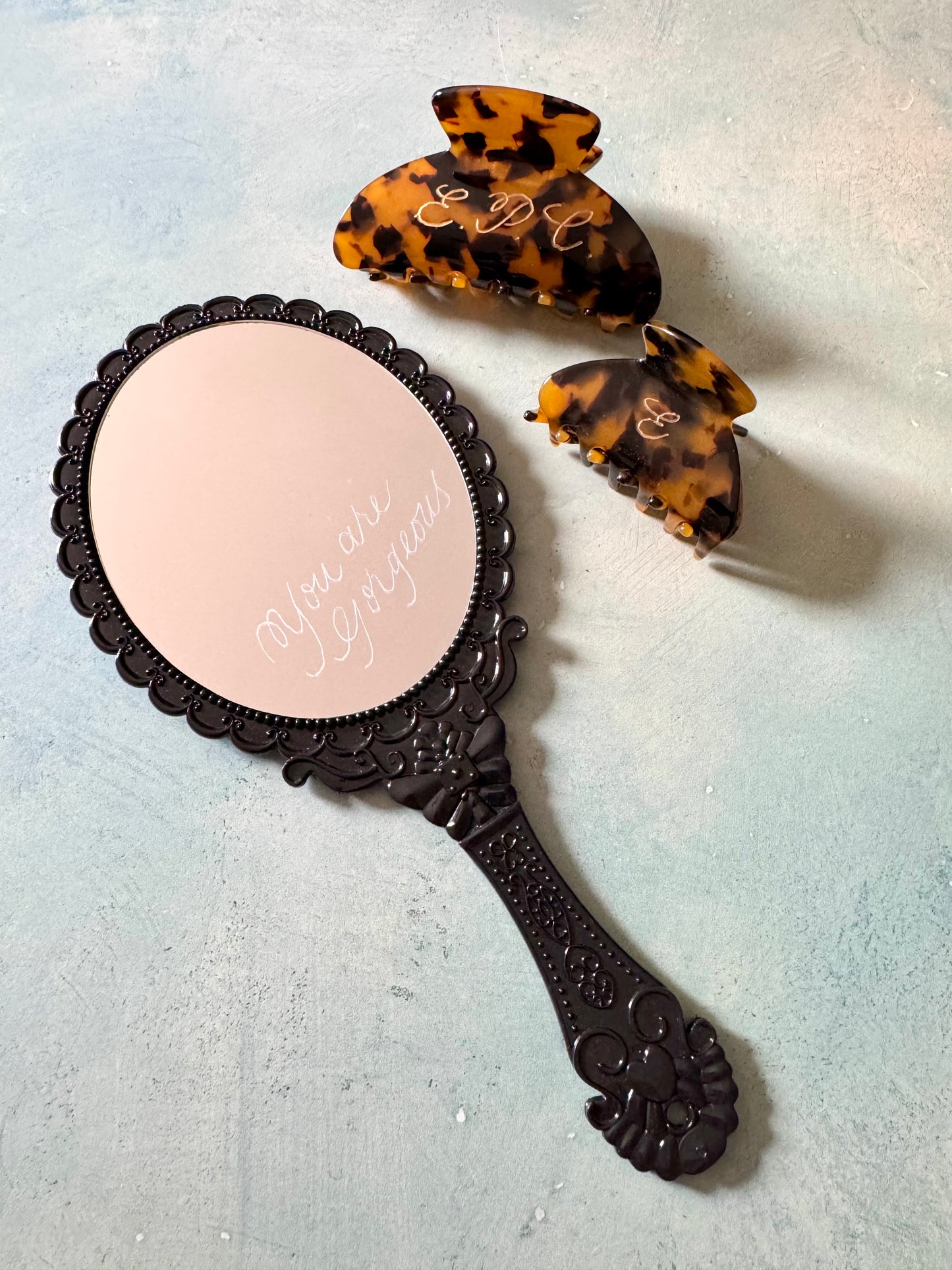 Personalized Engraved Hair Clips & Mirror Set: Custom Dark Tortoiseshell Claw Clips Set with Handheld Mirror