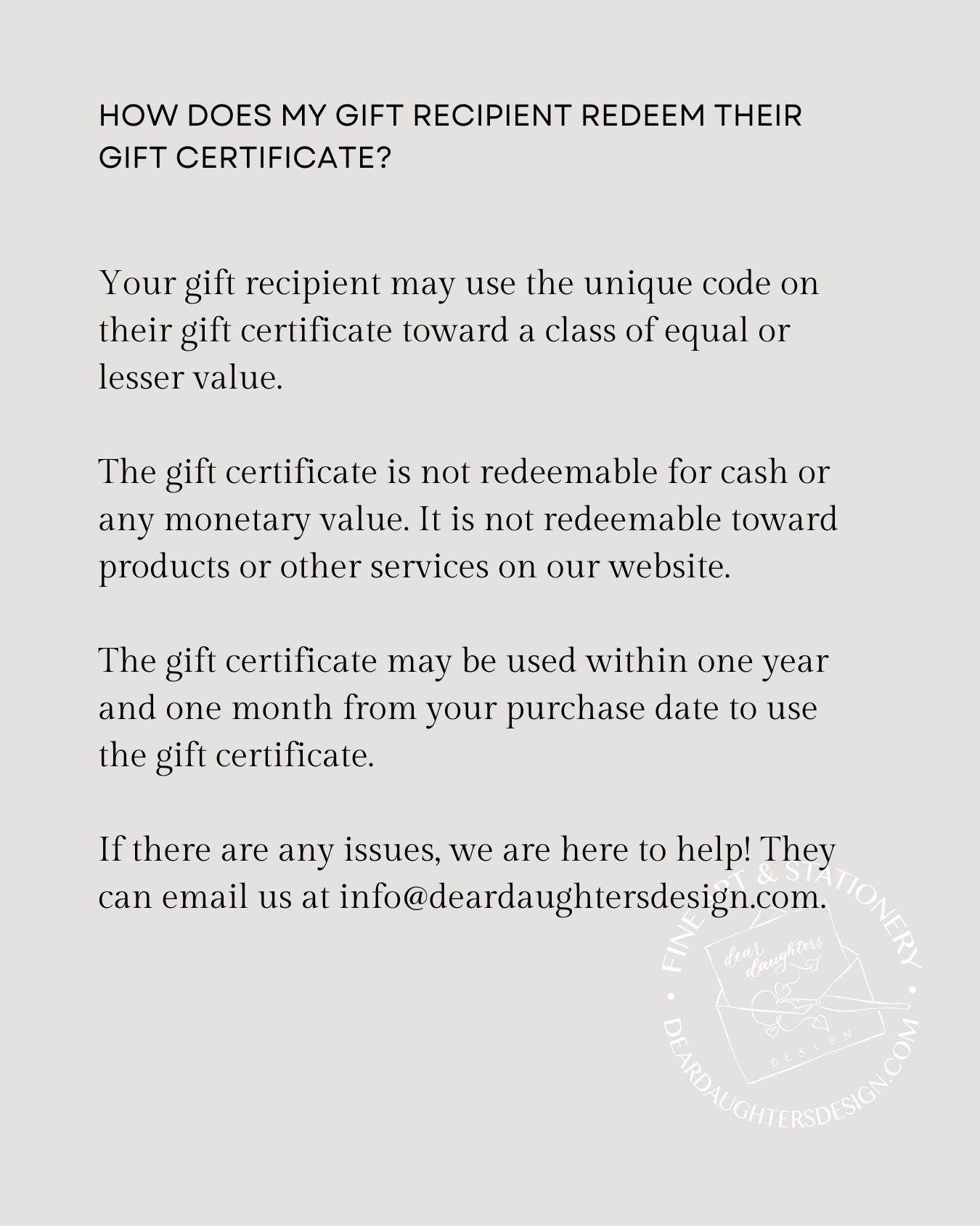 Workshop Gift Certificate - The Best Gifts Are Experiences!