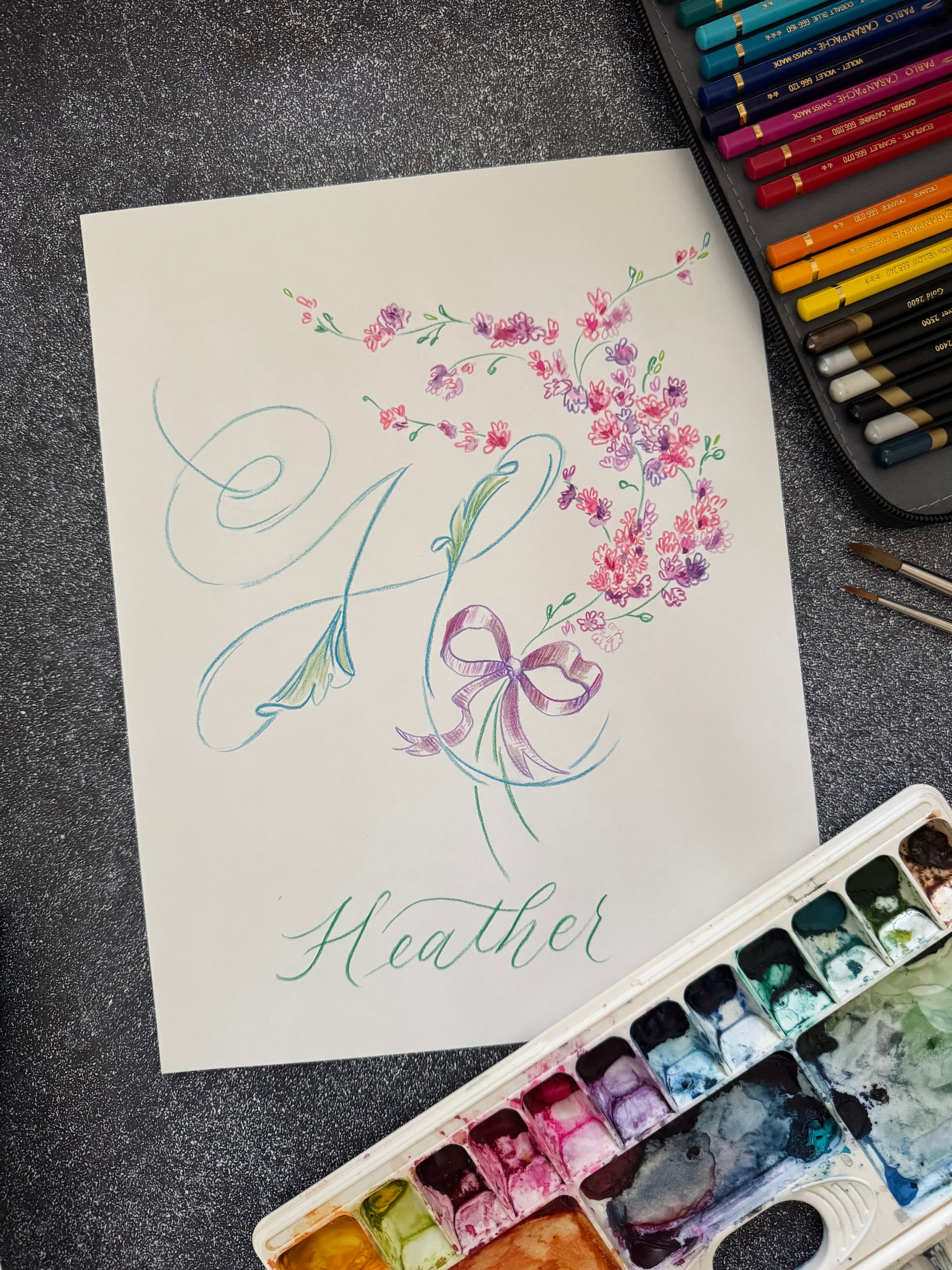 Custom Monogram Design - Colored Pencil & Watercolor on 100% Cotton Paper