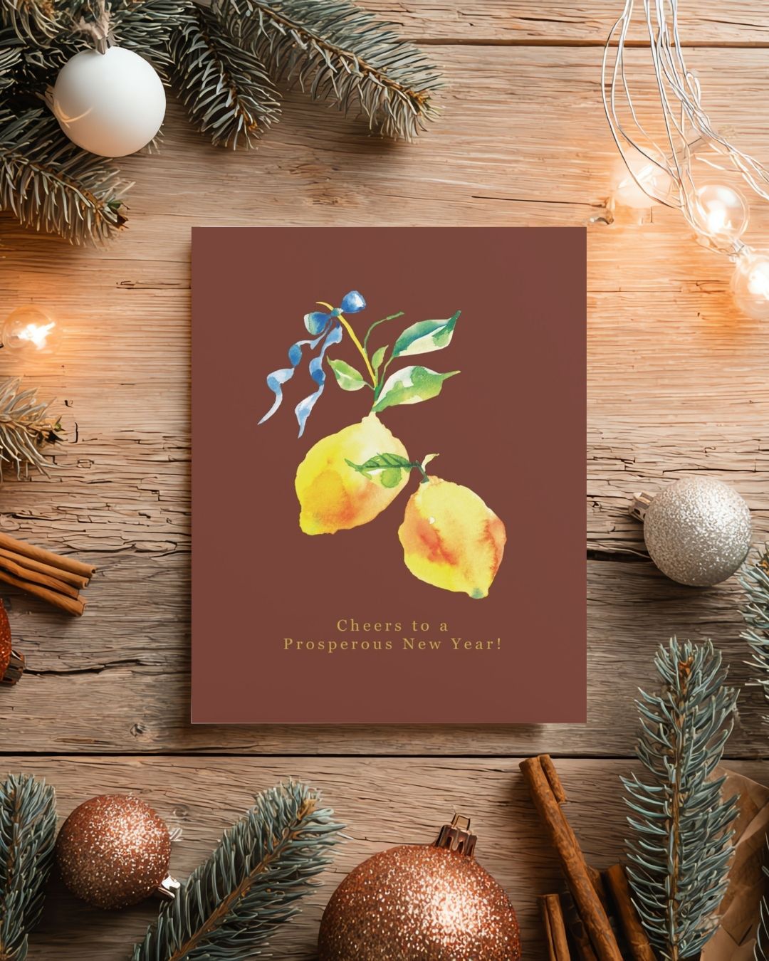 Greeting Card Set of 4 Greeting Cards - Christmas Wreath & New Year Citrus - Holiday Christmas Cards