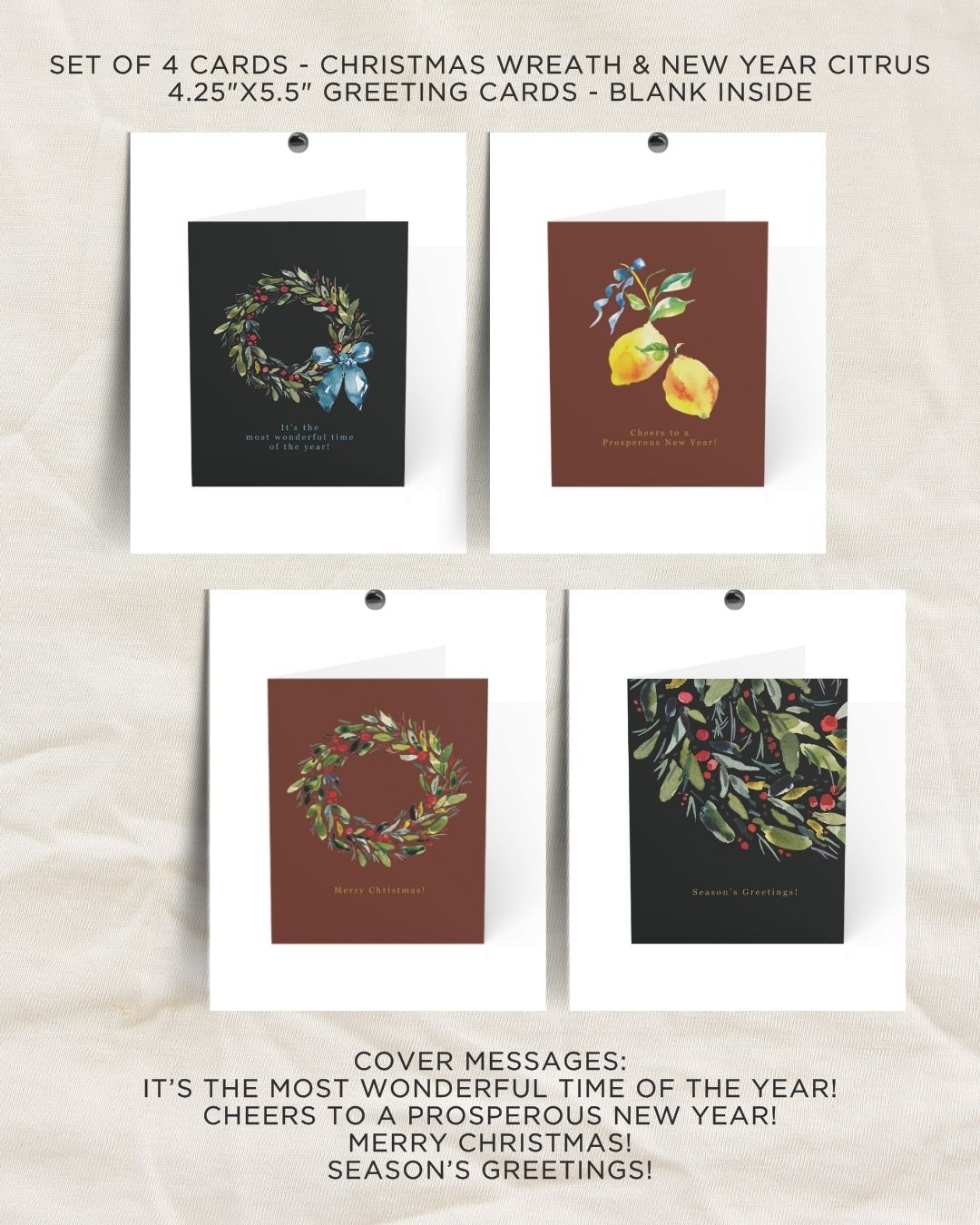 Greeting Card Set of 4 Greeting Cards - Christmas Wreath & New Year Citrus - Holiday Christmas Cards